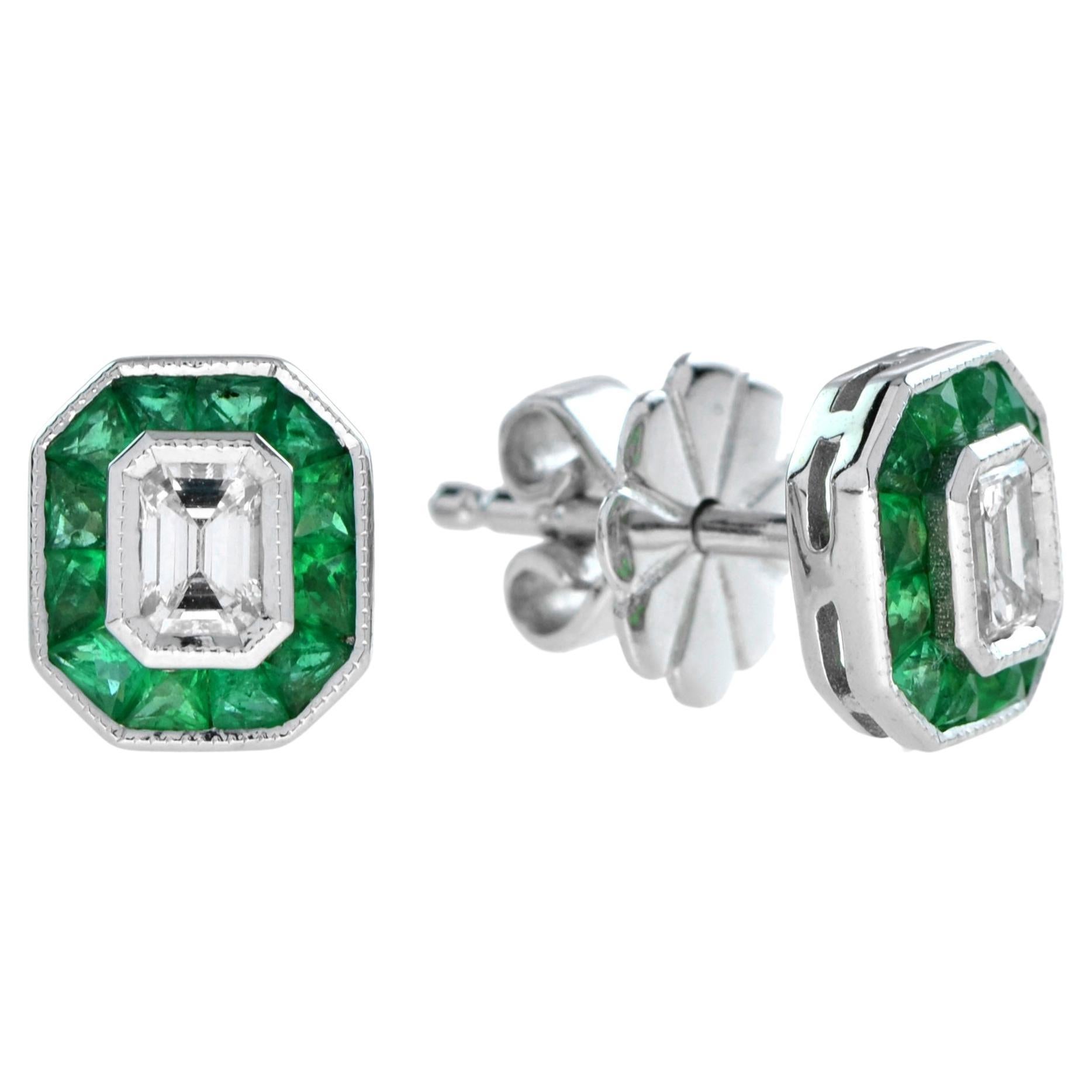 Emerald Cut Diamond Emerald Halo Stud Earrings in 18k White Gold For Sale