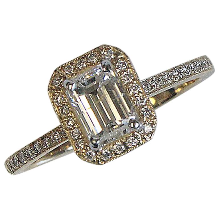 Emerald Cut Diamond Engagement Ring, 1.44 Carat TW, 18 Karat Yellow For Sale
