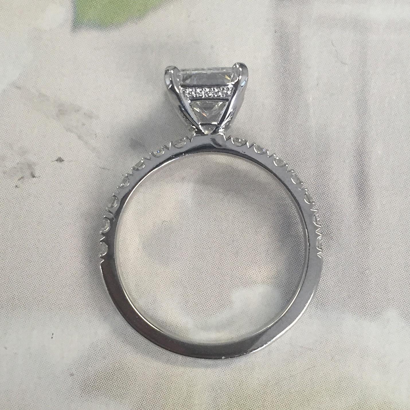 Emerald Cut Diamond Engagement Ring E VS2 Set in Platinum Diamonds Down Shank In New Condition For Sale In West Hollywood, CA