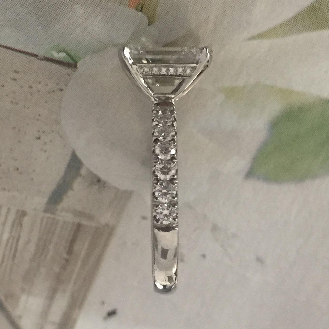Women's or Men's Emerald Cut Diamond Engagement Ring E VS2 Set in Platinum Diamonds Down Shank For Sale