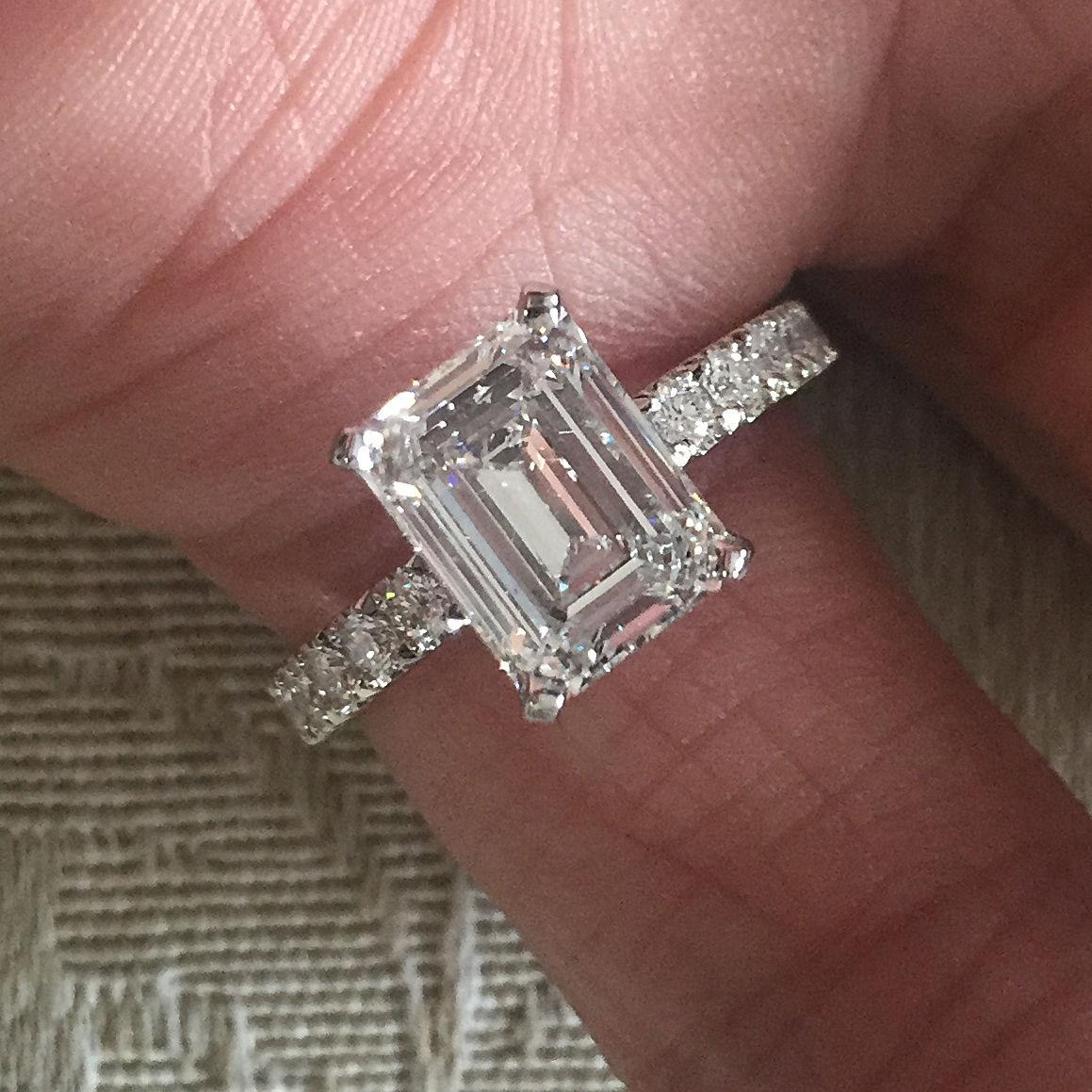 Emerald Cut Diamond Engagement Ring E VS2 Set in Platinum Diamonds Down Shank For Sale 1