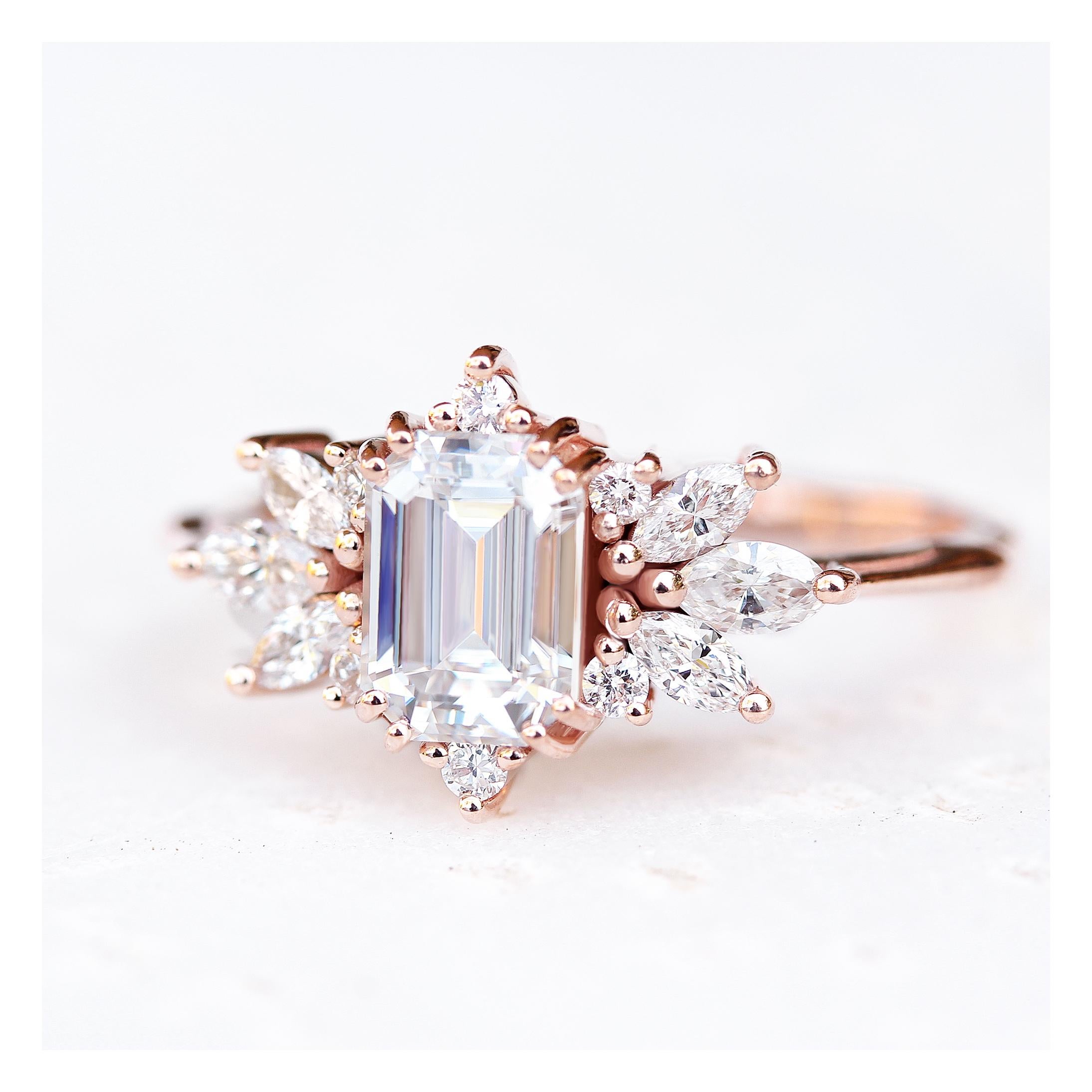 Women's or Men's Emerald Cut Diamond Engagement Ring Set Spark & Pearls Nesting V Rings Two Rings For Sale