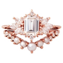 Emerald Cut Diamond Engagement Ring Set Spark & Pearls Nesting V Rings Two Rings