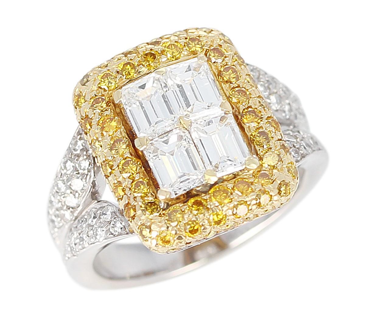 A Diamond Cocktail and Diamond Engagement Ring with Four Emerald-Cut Diamonds accented with Pave Yellow and White Diamonds, 18 Karat White Gold.  Four Center Diamonds: 1.30 carats, Yellow and White Pave Diamonds: 1.40 carats. Total Weight: 8.79