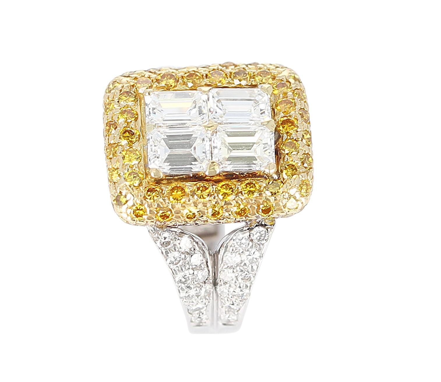 Emerald Cut Emerald-Cut Diamond Engagement Ring with Pave Yellow Diamonds and White Diamonds For Sale