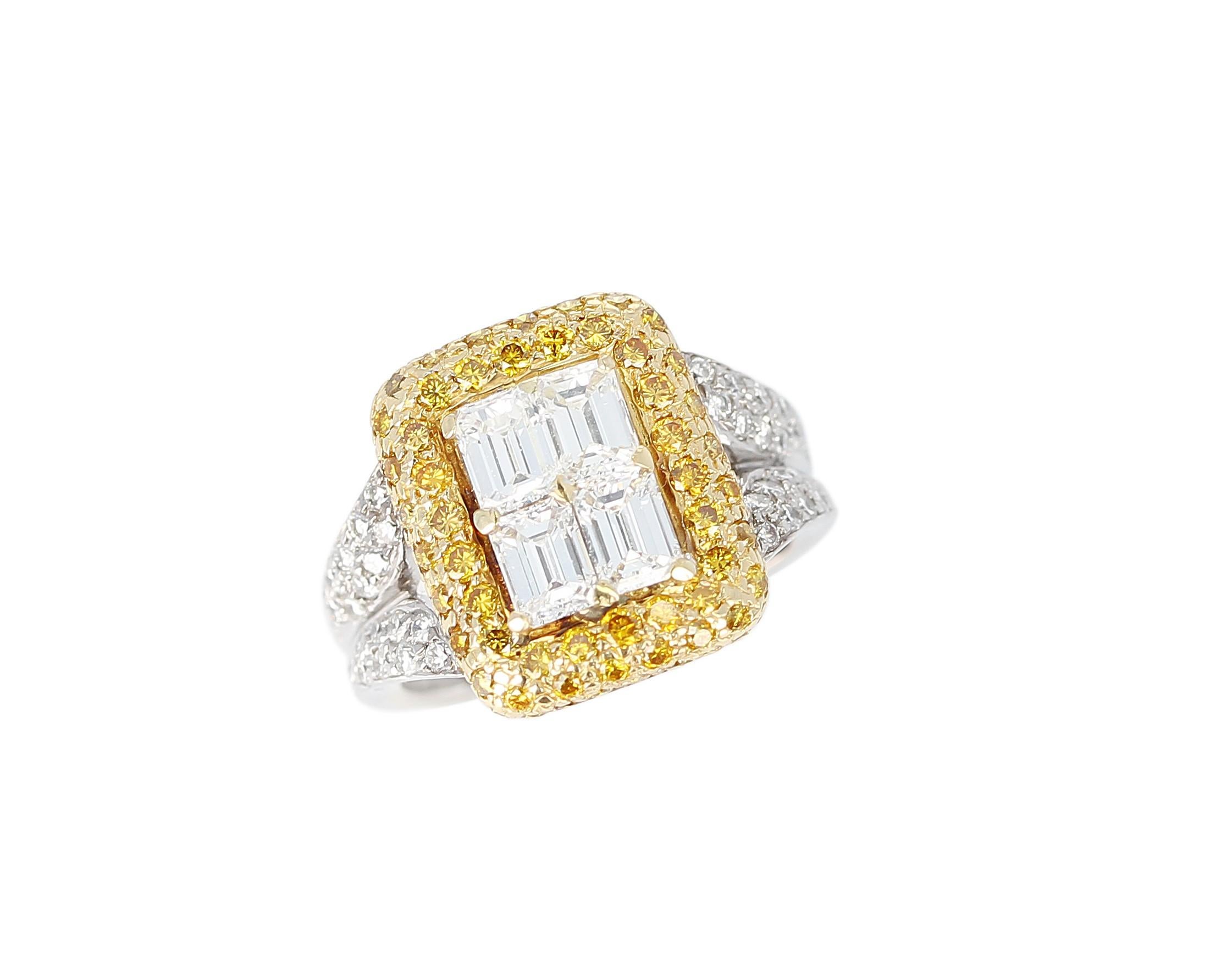 Emerald-Cut Diamond Engagement Ring with Pave Yellow Diamonds and White Diamonds In Excellent Condition For Sale In New York, NY