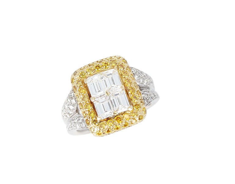 Emerald-Cut Diamond Engagement Ring with Pave Yellow Diamonds and White ...