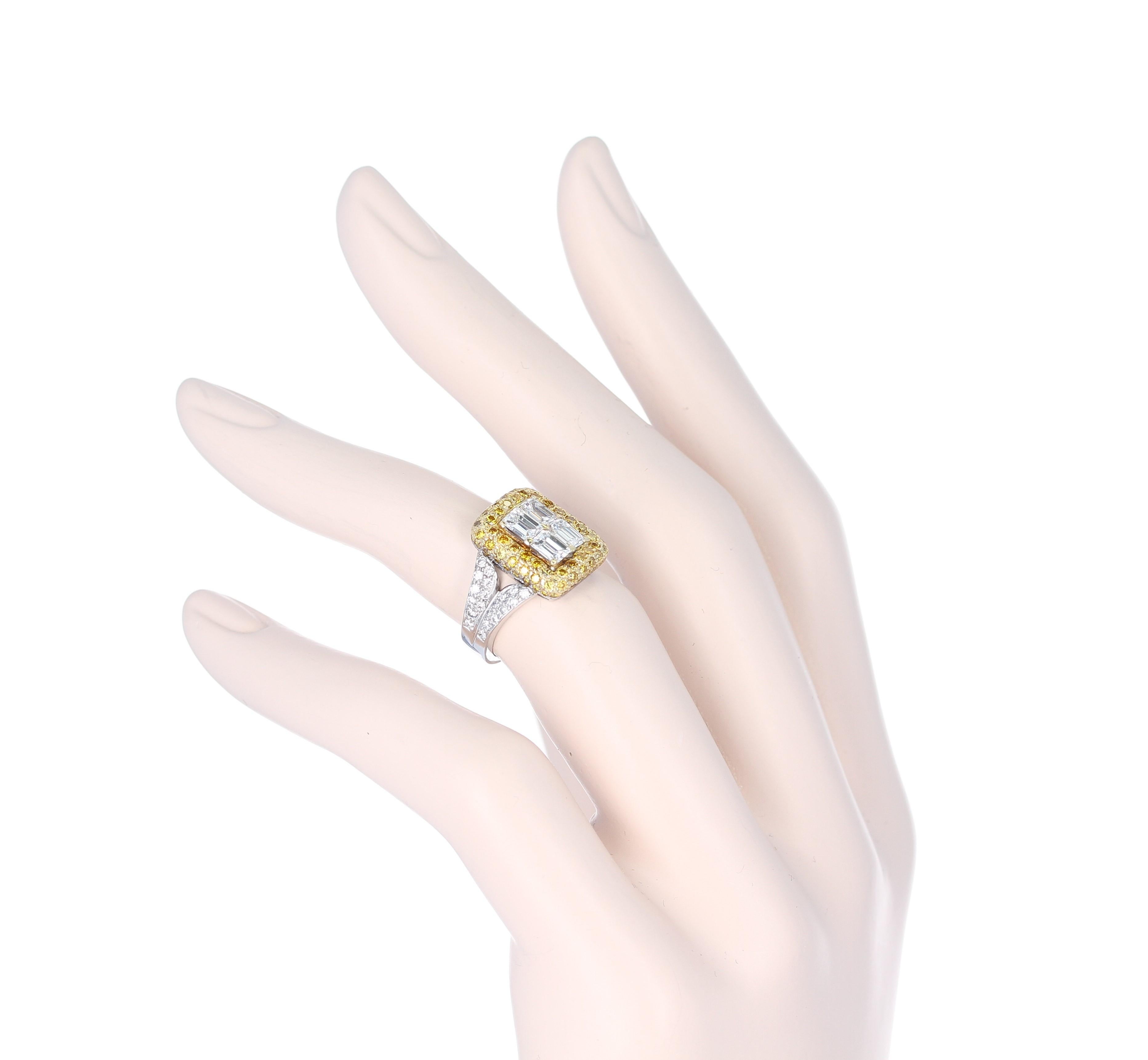 Emerald-Cut Diamond Engagement Ring with Pave Yellow Diamonds and White Diamonds For Sale 2