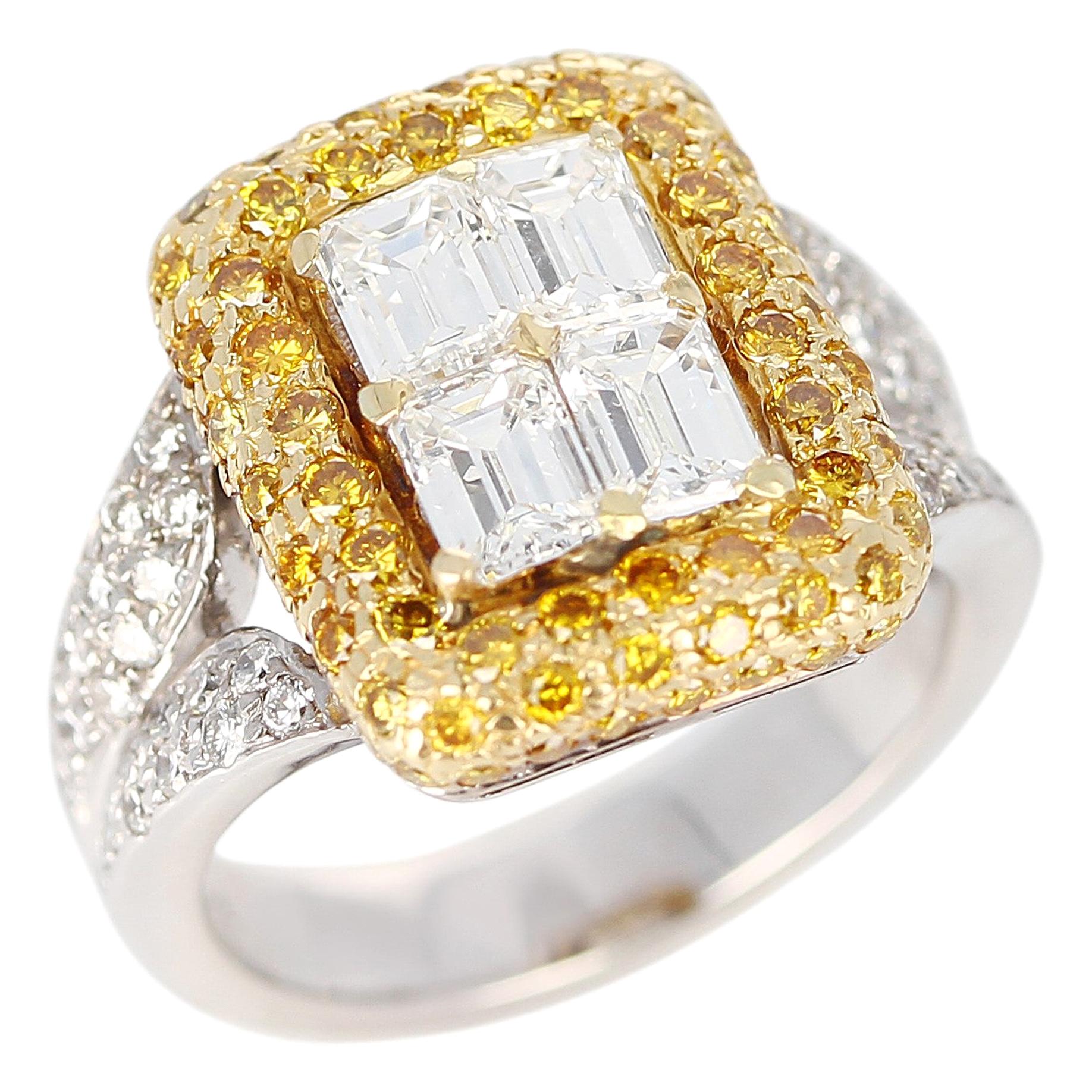 Emerald-Cut Diamond Engagement Ring with Pave Yellow Diamonds and White Diamonds