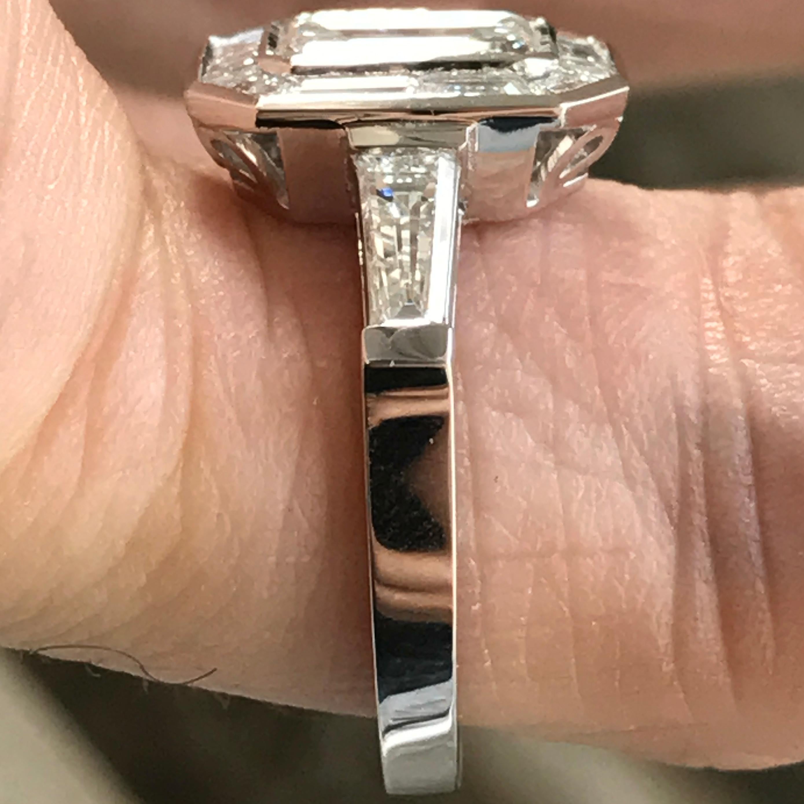 Contemporary Emerald Cut Diamond Engagement with Trapezoid Halo, Vintage Look, 2.1 Carat For Sale