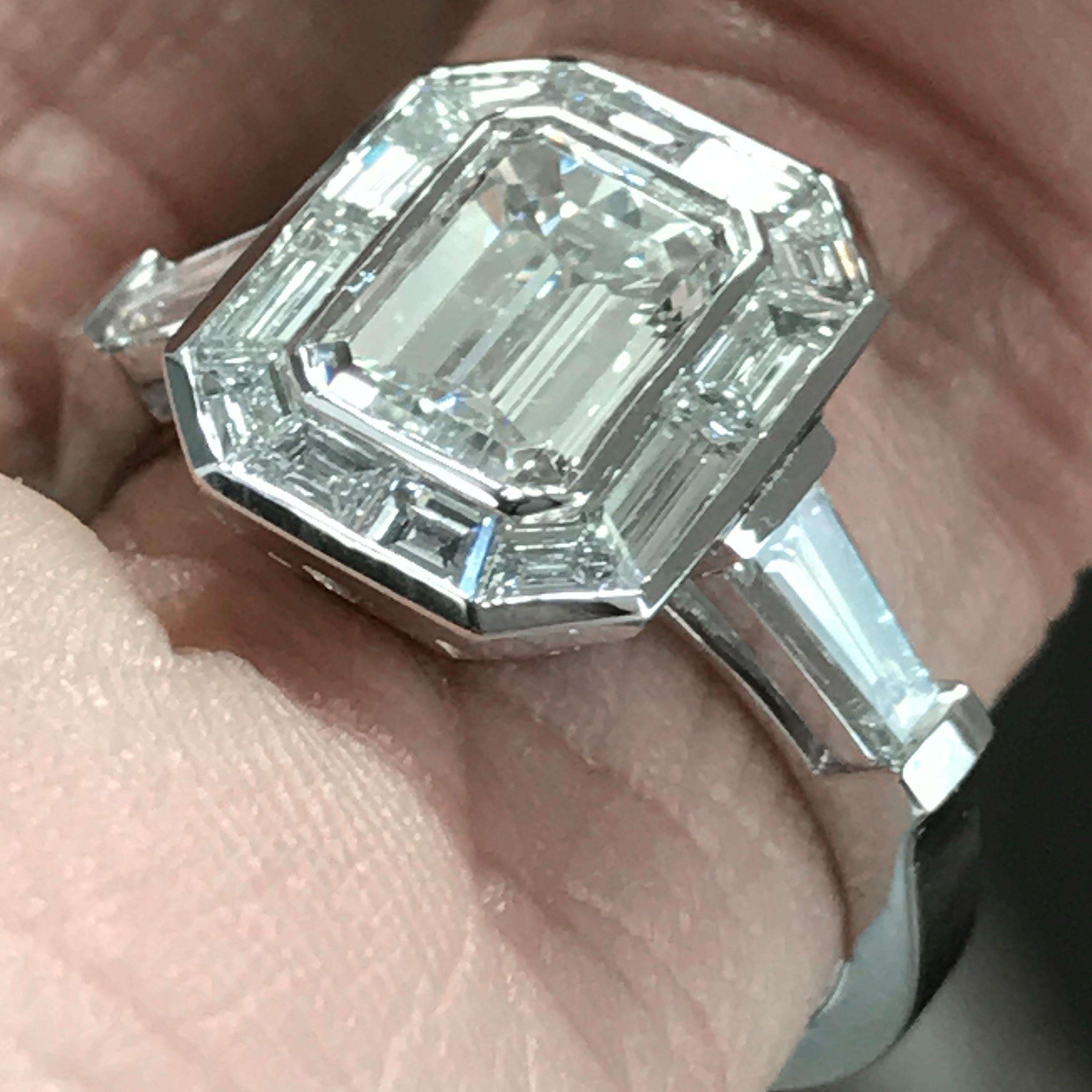 Emerald Cut Diamond Engagement with Trapezoid Halo, Vintage Look, 2.1 Carat In New Condition For Sale In West Hollywood, CA