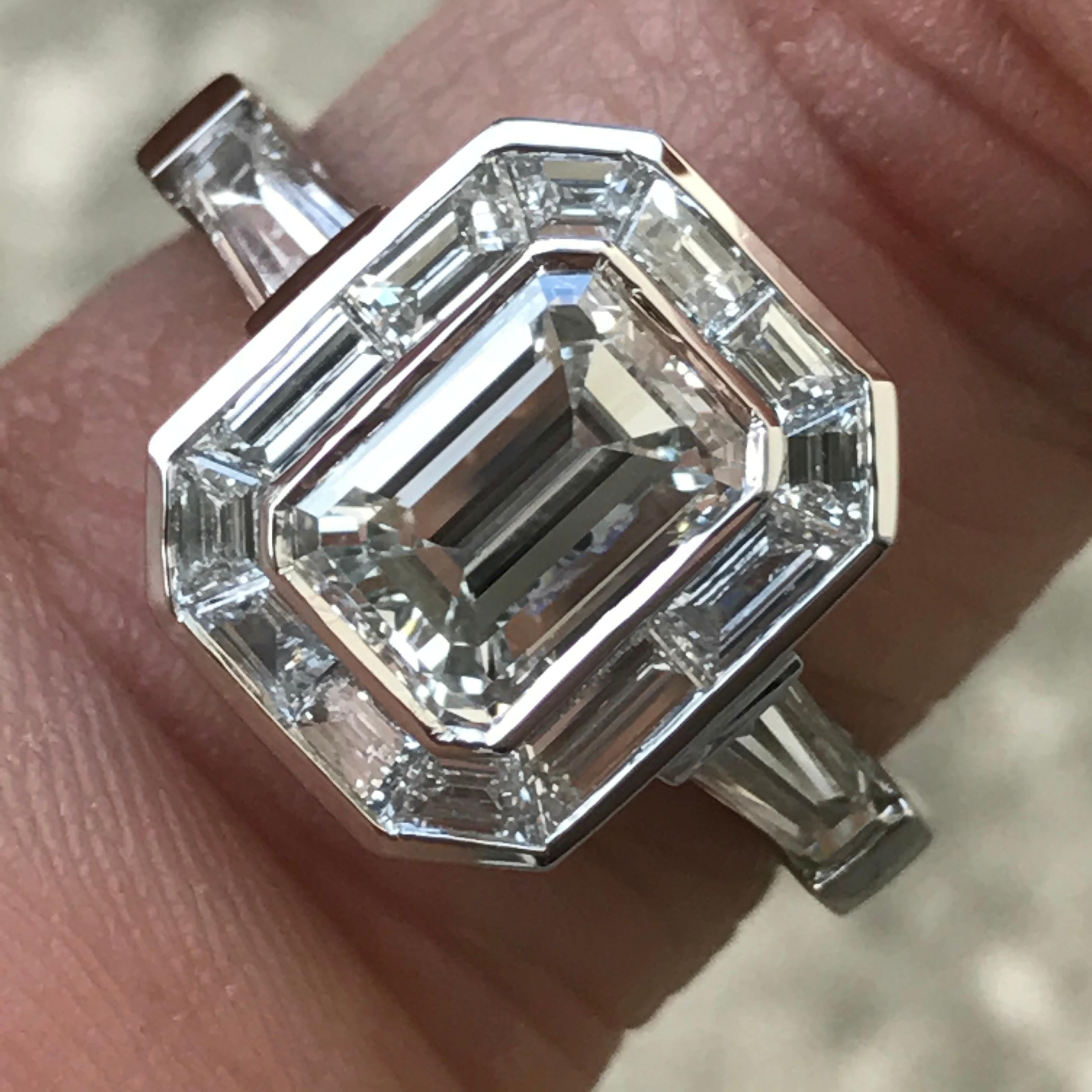 Emerald Cut Diamond Engagement with Trapezoid Halo, Vintage Look, 2.1 Carat For Sale 1
