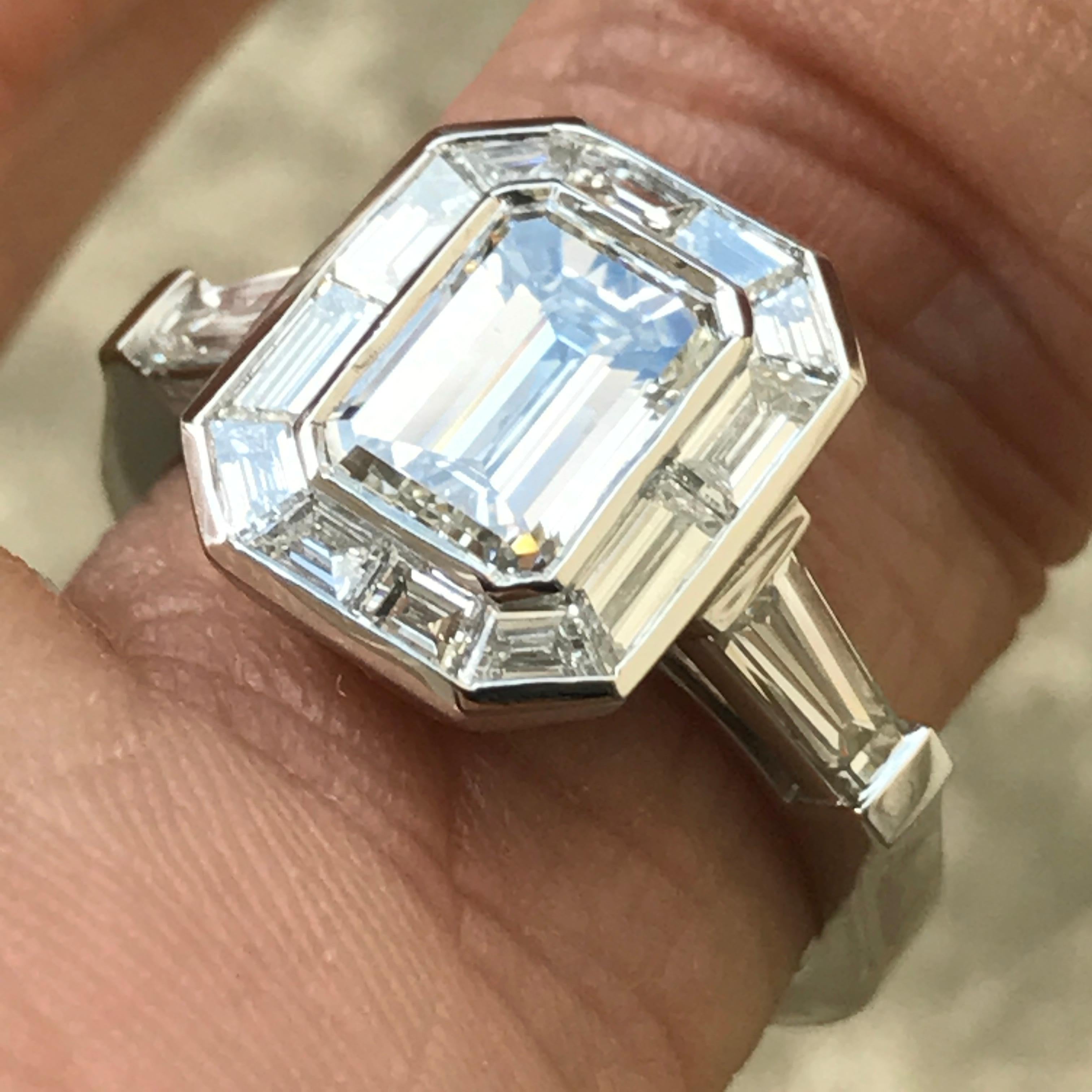 Emerald Cut Diamond Engagement with Trapezoid Halo, Vintage Look, 2.1 Carat For Sale 2