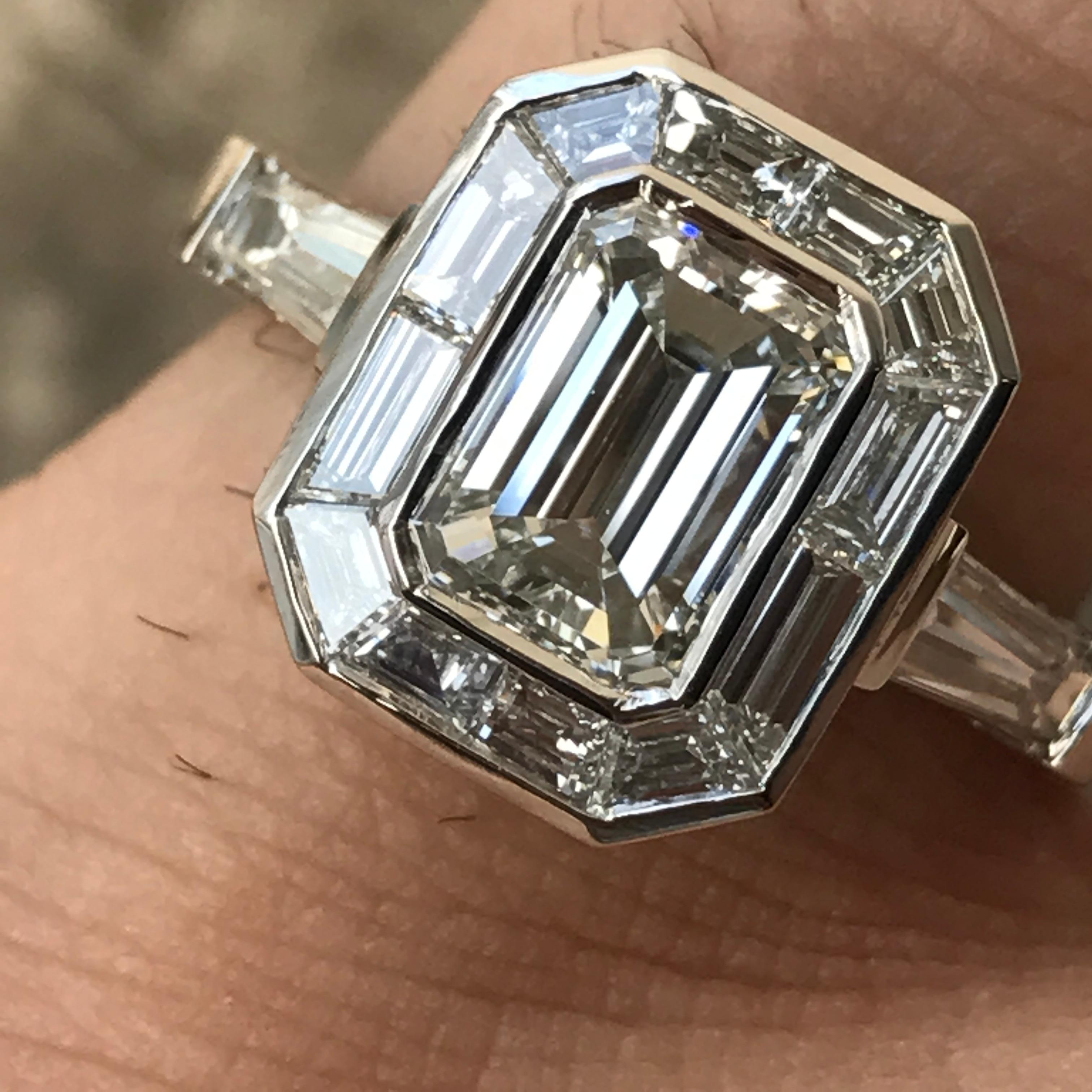 Emerald Cut Diamond Engagement with Trapezoid Halo, Vintage Look, 2.1 Carat For Sale 4