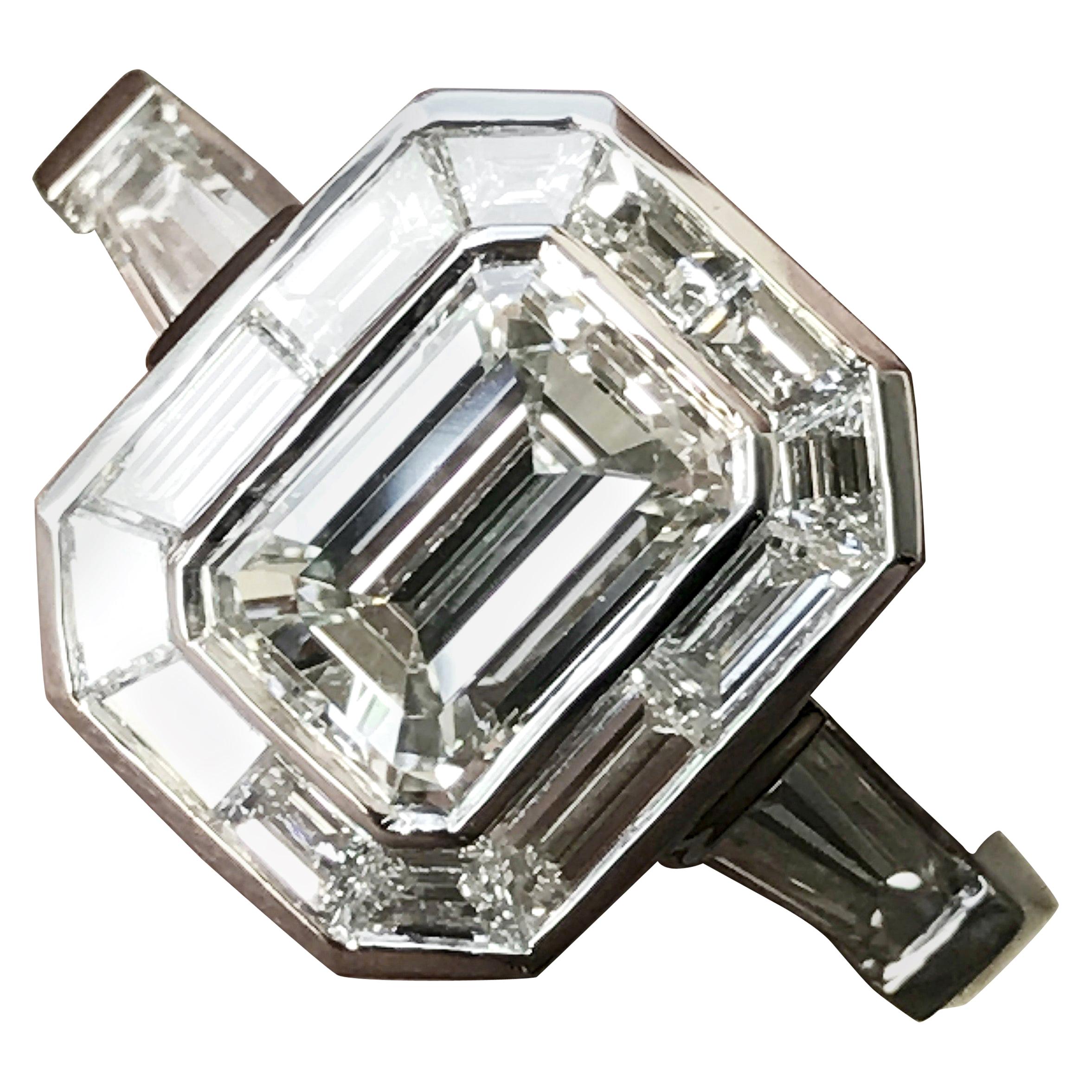 Emerald Cut Diamond Engagement with Trapezoid Halo, Vintage Look, 2.1 Carat For Sale