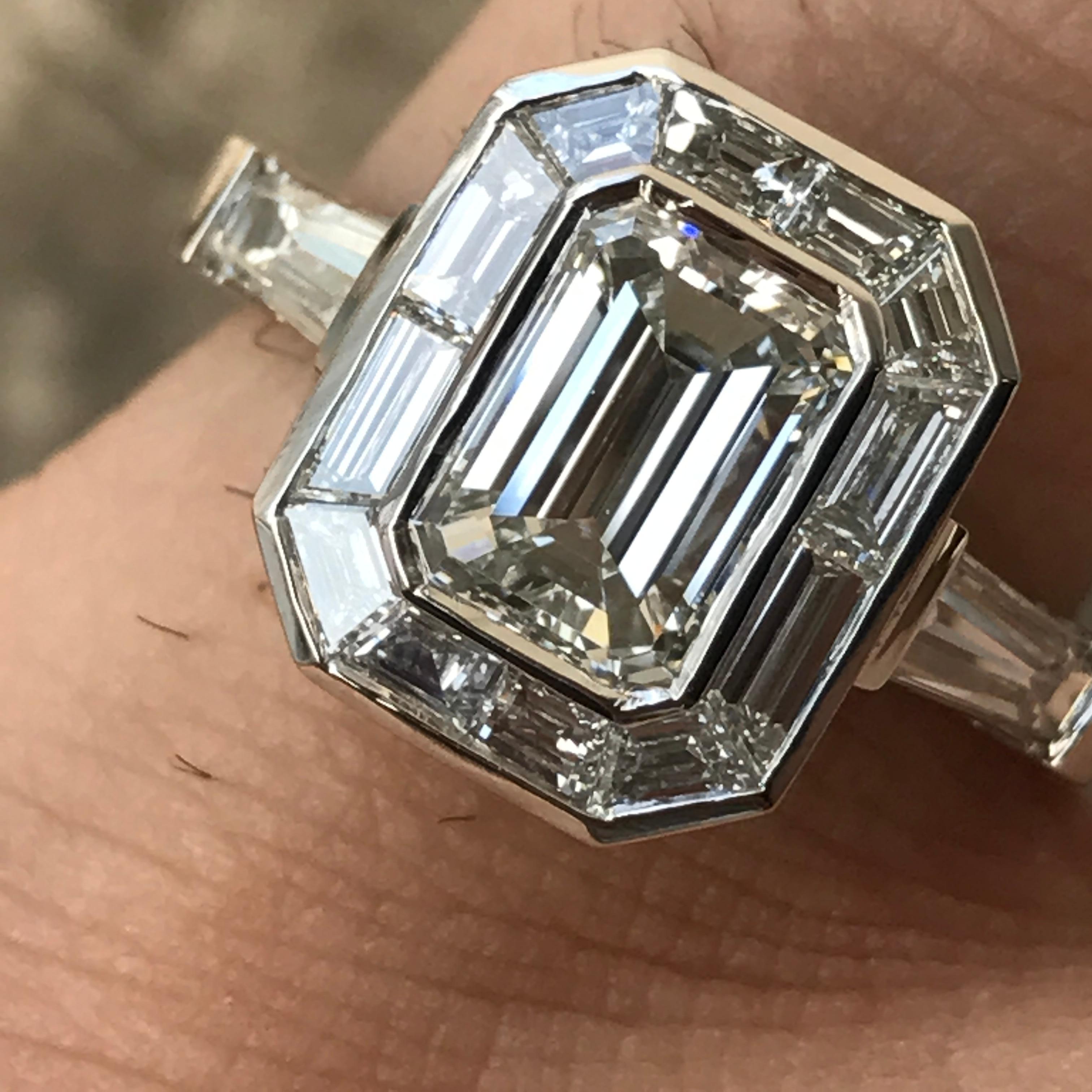Emerald Cut Diamond Engagement with Trapezoid Halo, Vintage Look, 2.8 Carat For Sale 2