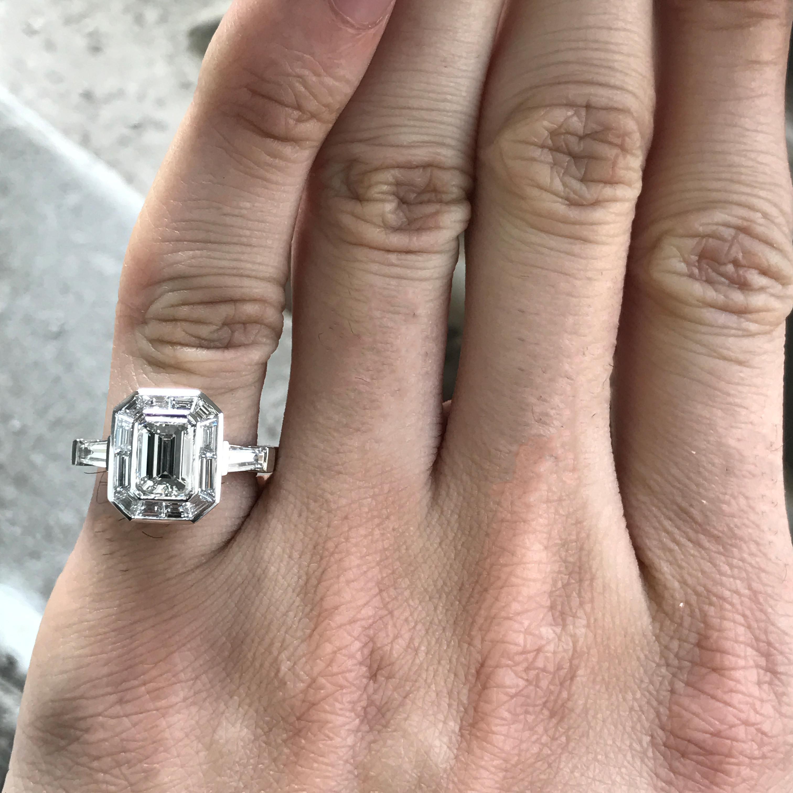 Contemporary Emerald Cut Diamond Engagement with Trapezoid Halo, Vintage Look, 2.8 Carat For Sale