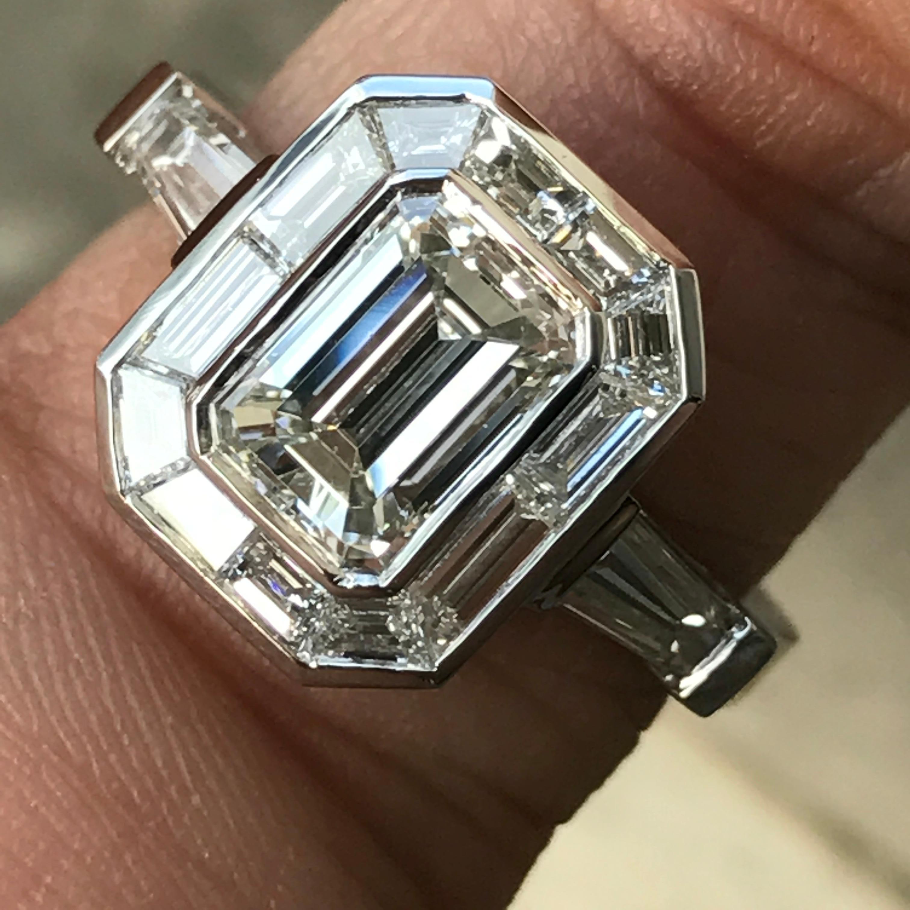Contemporary Emerald Cut Diamond Engagement with Trapezoid Halo, Vintage Look, 2.8 Carat For Sale