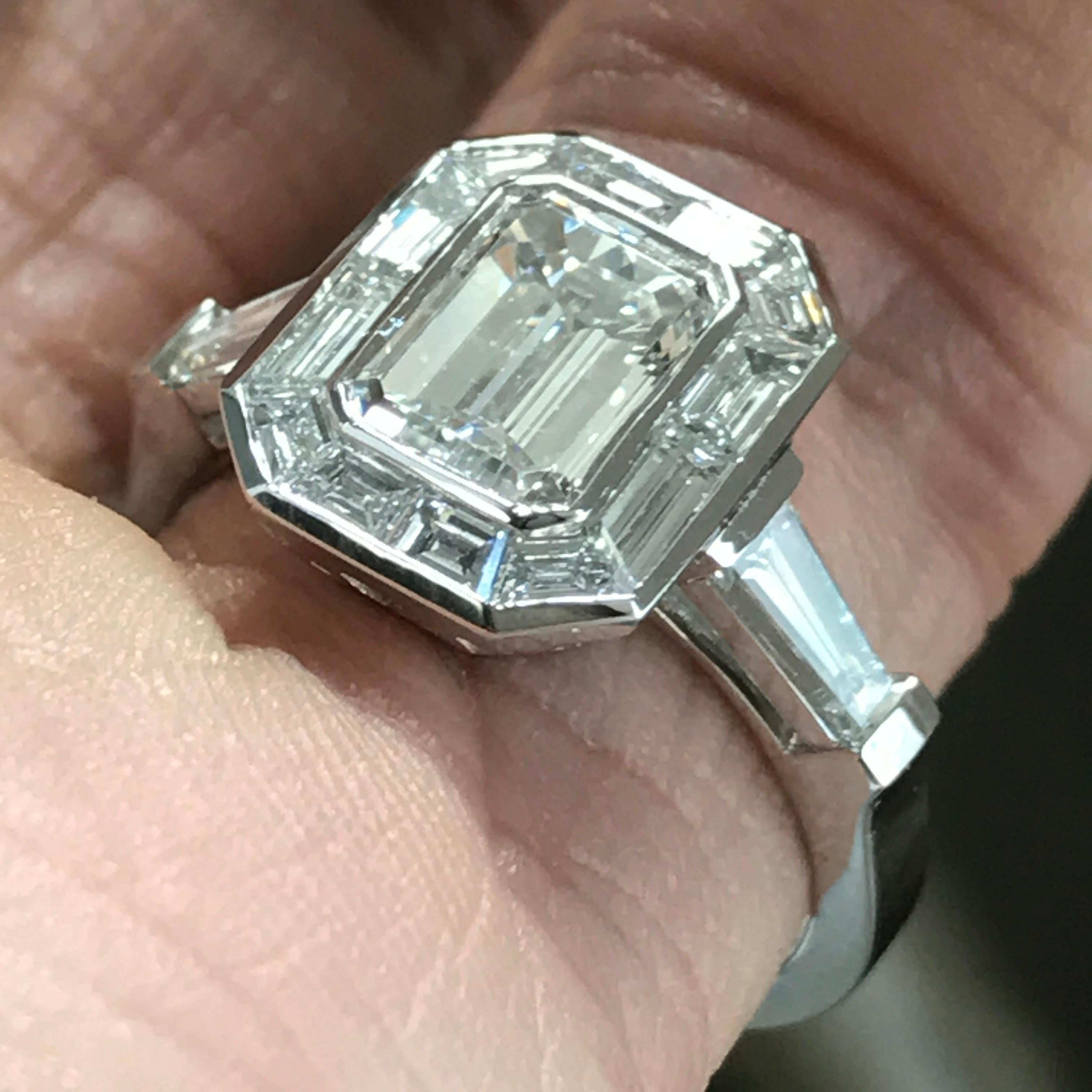 Emerald Cut Diamond Engagement with Trapezoid Halo, Vintage Look, 2.8 Carat For Sale 1