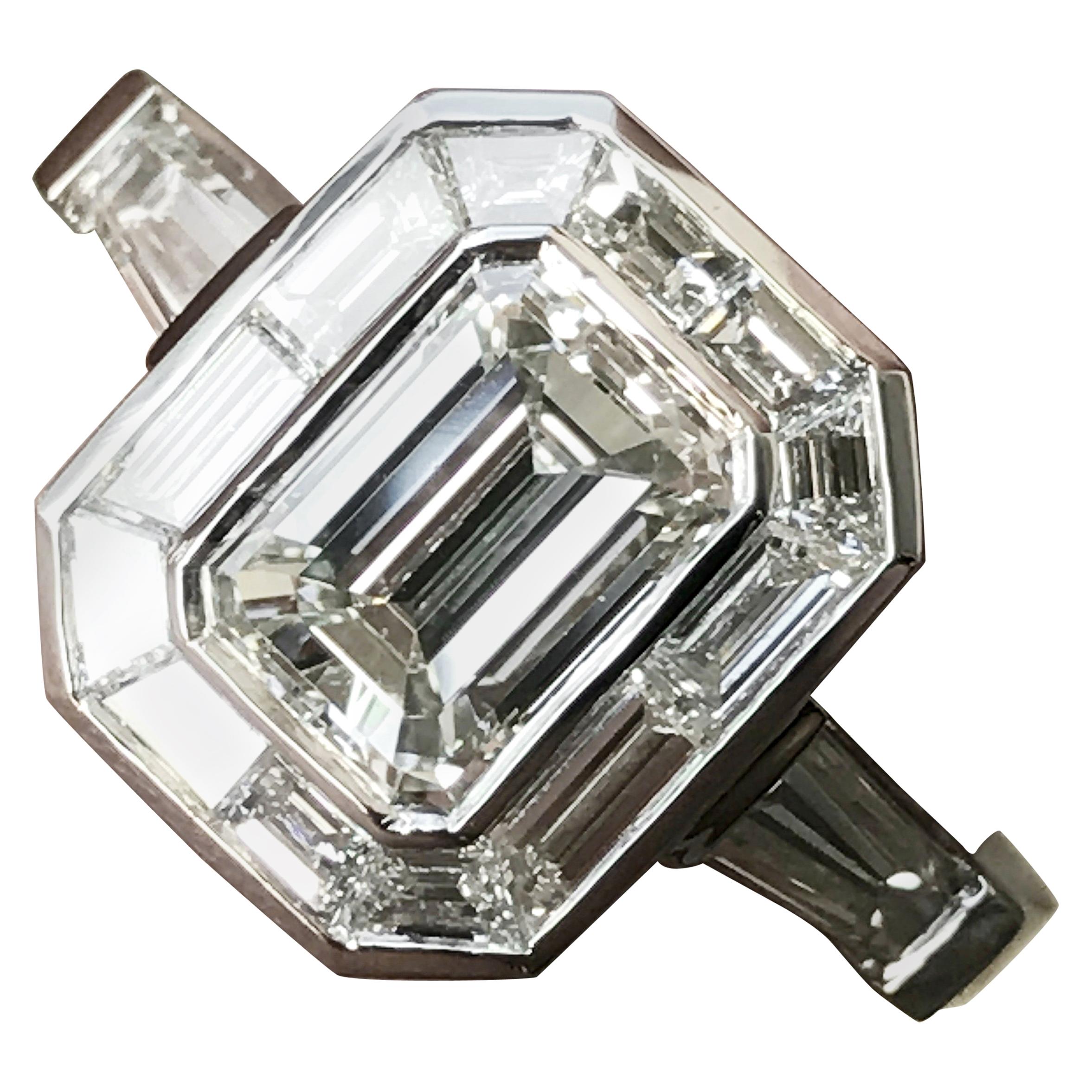 Emerald Cut Diamond Engagement with Trapezoid Halo, Vintage Look, 2.8 Carat For Sale