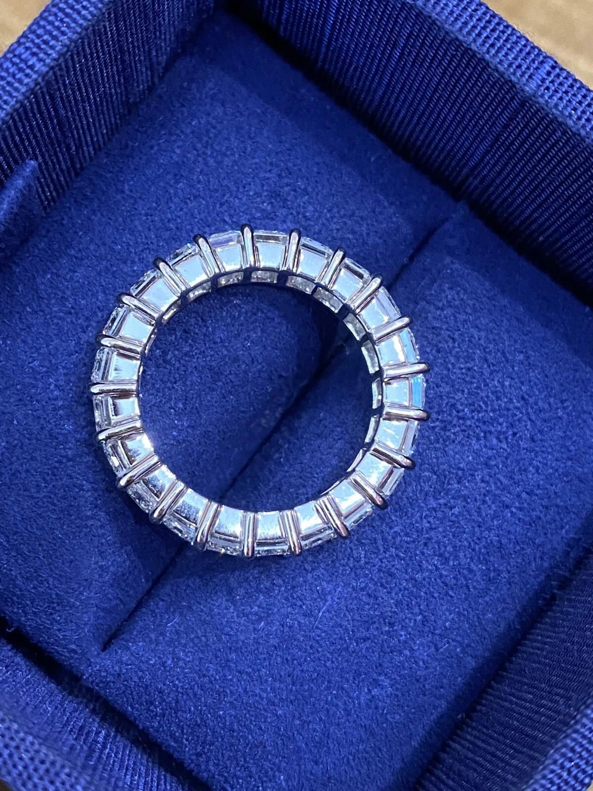 Emerald Cut Diamond Eternity Band Ring 6.40 Carats Total in Platinum Size 6.25 In Excellent Condition For Sale In La Jolla, CA