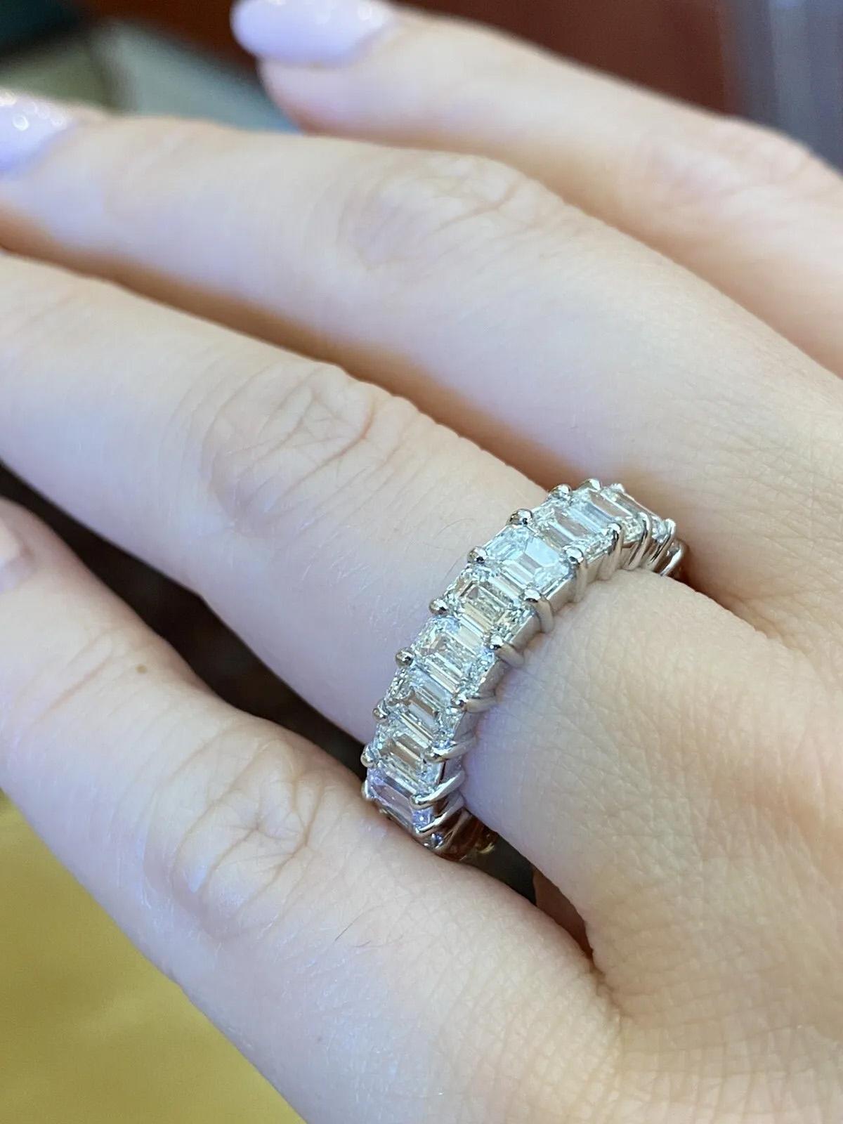 Emerald Cut Diamond Eternity Band Ring 6.40 Carats Total in Platinum Size 6.25 For Sale 2
