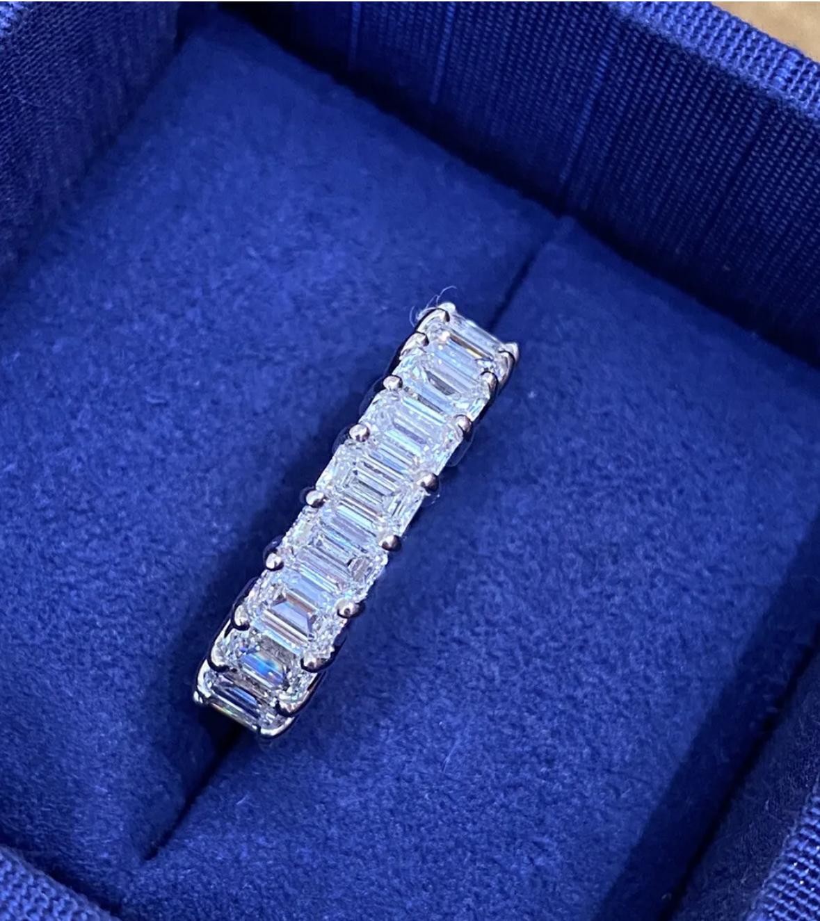 Emerald Cut Diamond Eternity Band Ring 6.40 Carats Total in Platinum Size 6.25 For Sale 3