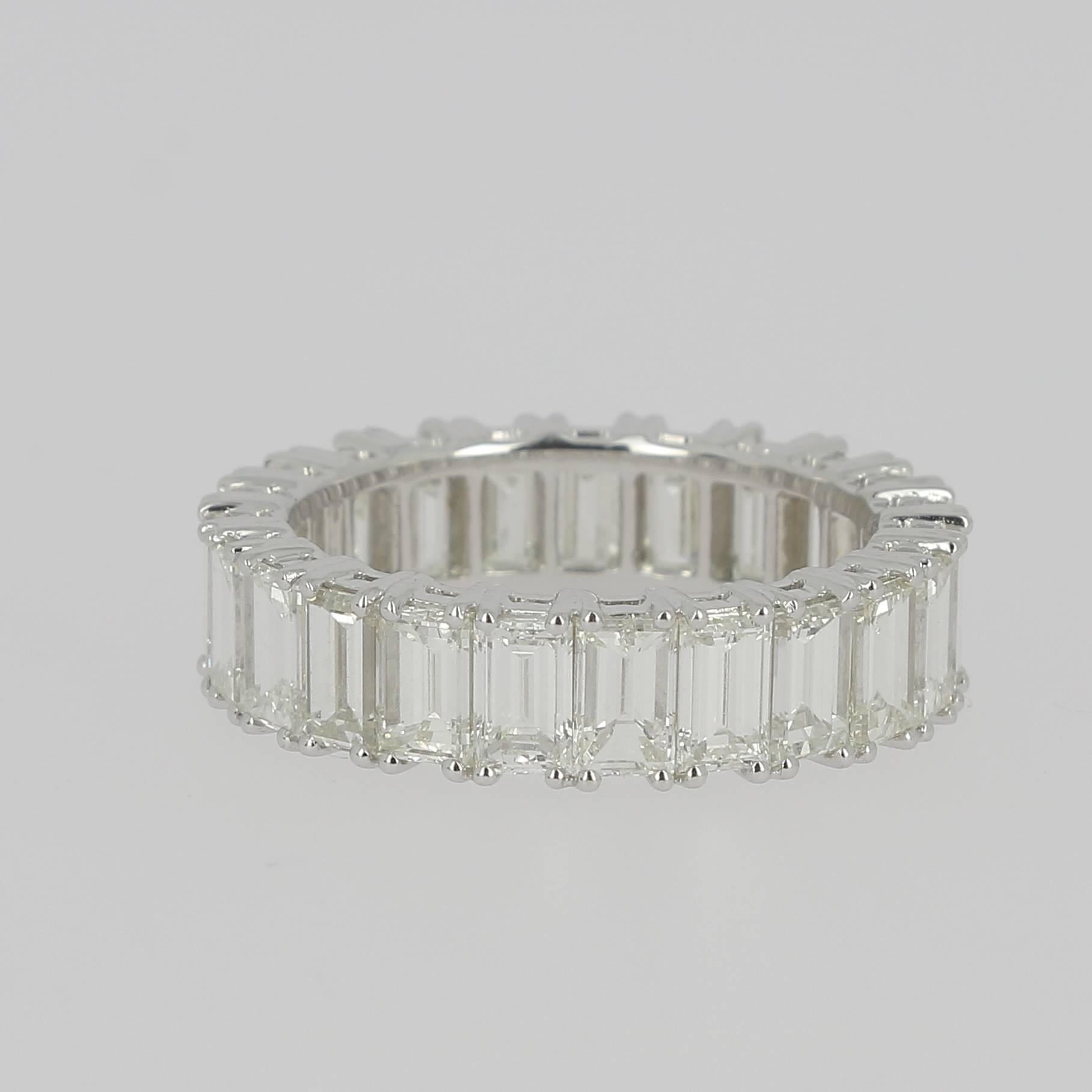 Contemporary 7.91 Carat Emerald Cut White Diamond Eternity Ring / Band Rings/ 18K White Gold For Sale