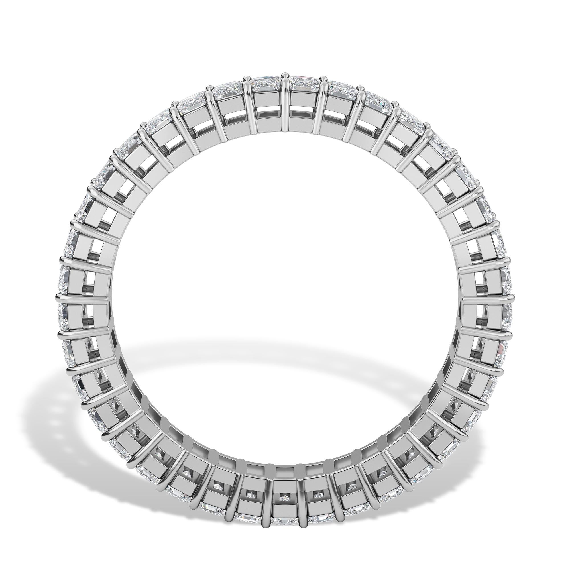 This Emerald Cut Diamond Eternity Band features 37 Emerald Cut Diamonds and weights 2.05 Total Carat Weight. These Emerald Cut diamonds are extremely elongated and are I Color and VS Clarity, set in Platinum in a finger size 6. 