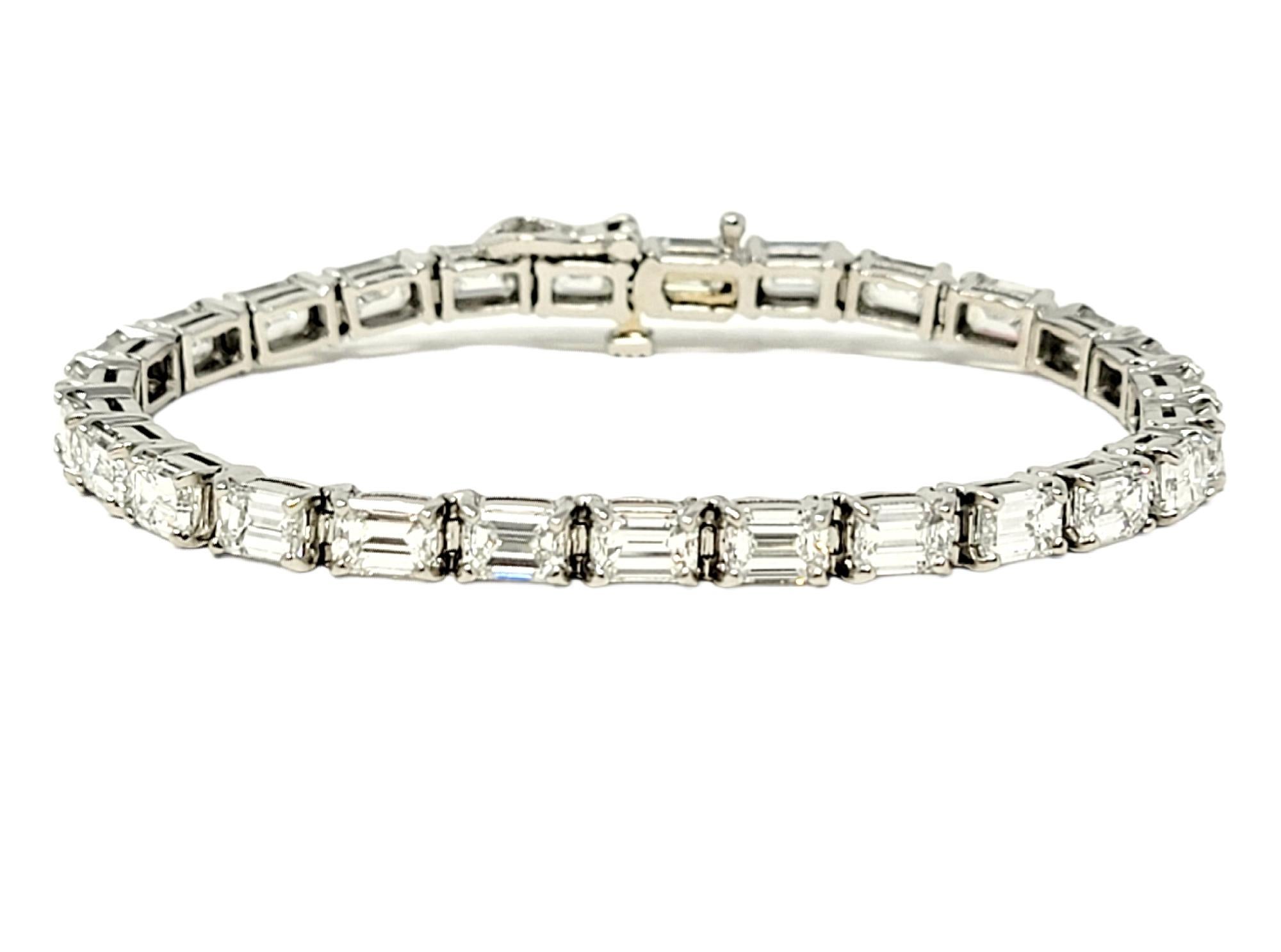 This is an absolutely exquisite diamond tennis bracelet that will stand the test of time. The luxurious platinum setting paired with the near flawless emerald cut diamonds makes this piece a true classic that will never go out of style. This