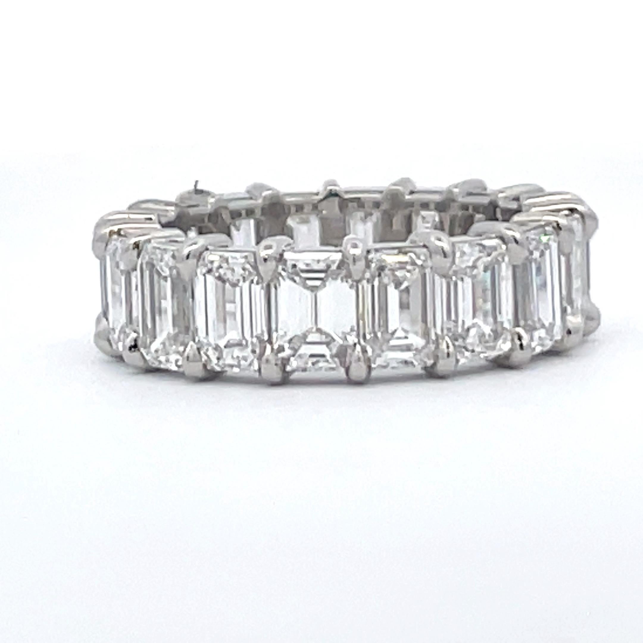 Gorgeous Eternity Ring featuring 20 Emerald Cut Diamonds weighing 6.19 Carats, crafted in Platinum. 
Color F-G Clarity VVS2-VS2
Average 0.31 points. Perfectly Matched!
Airline gallery, comfort fit!
Also available in 0.50/0.70 points, Oval Cuts & GIA