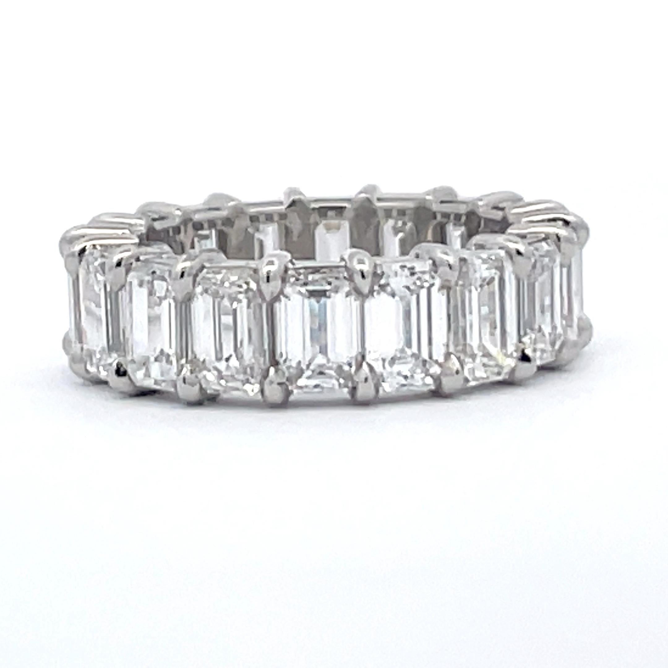 A fine Eternity Ring featuring 18 Emerald Cut Diamonds weighing 7.41 Carats, crafted in Platinum. 
Average 0.41 points Perfectly Matched!
Diamonds graded by our in house Gemologist 
Airline gallery, comfort fit!
Also available in 0.50-0.70 points,