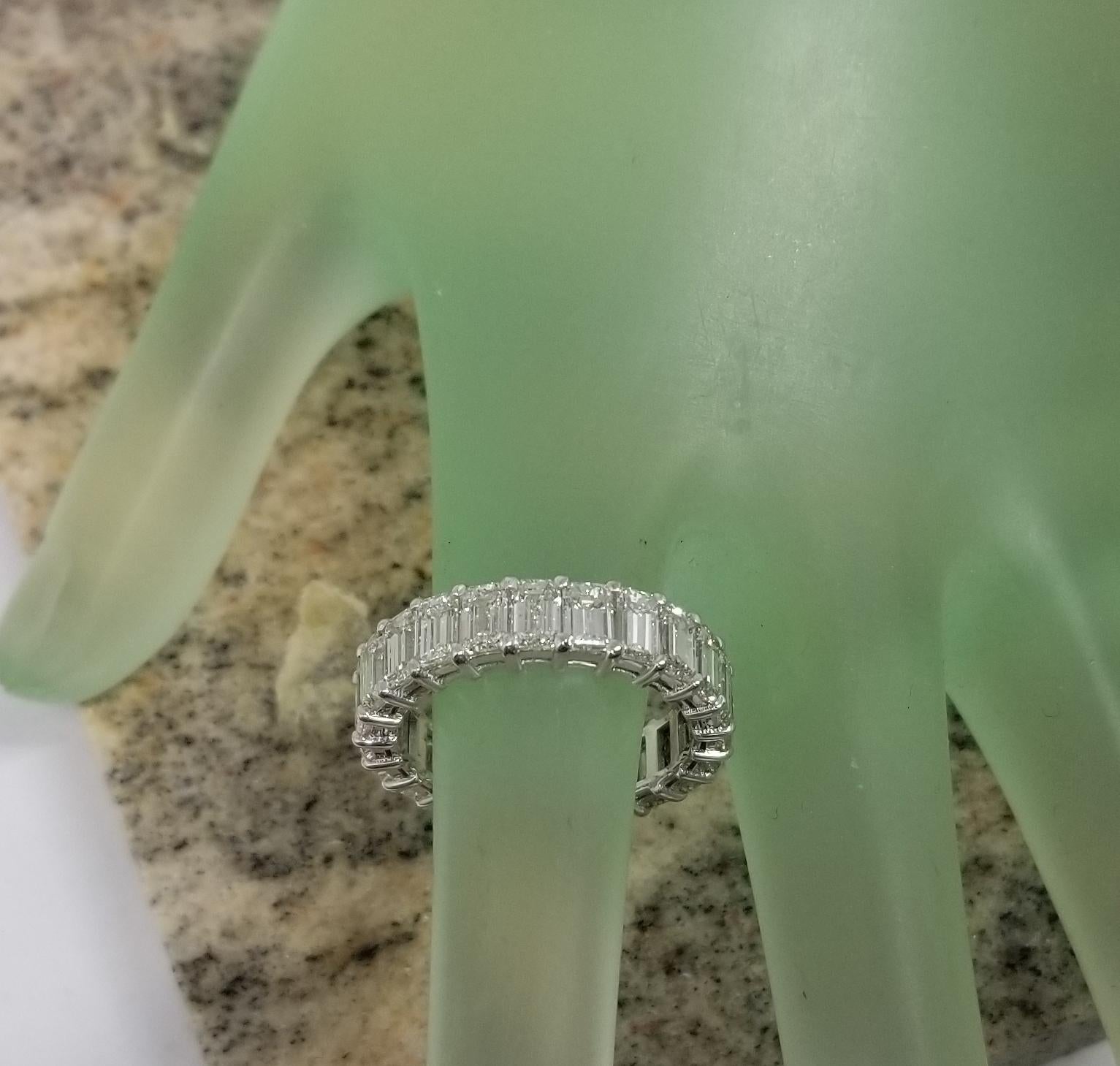 Women's or Men's Emerald Cut Diamond Eternity Ring Set in 14 Karat White Gold Weighing 7.25 Carat For Sale