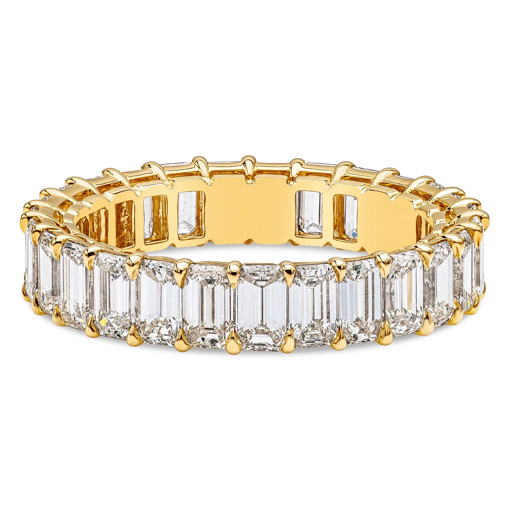 A classic eternity wedding band style featuring a row of emerald cut diamond weighing 4.12 carats, H Color and VS-VVS in Clarity. Set in shared-prong mounting, Made with 18K Yellow Gold. Size 6.5 US

Style available in different price ranges. Prices