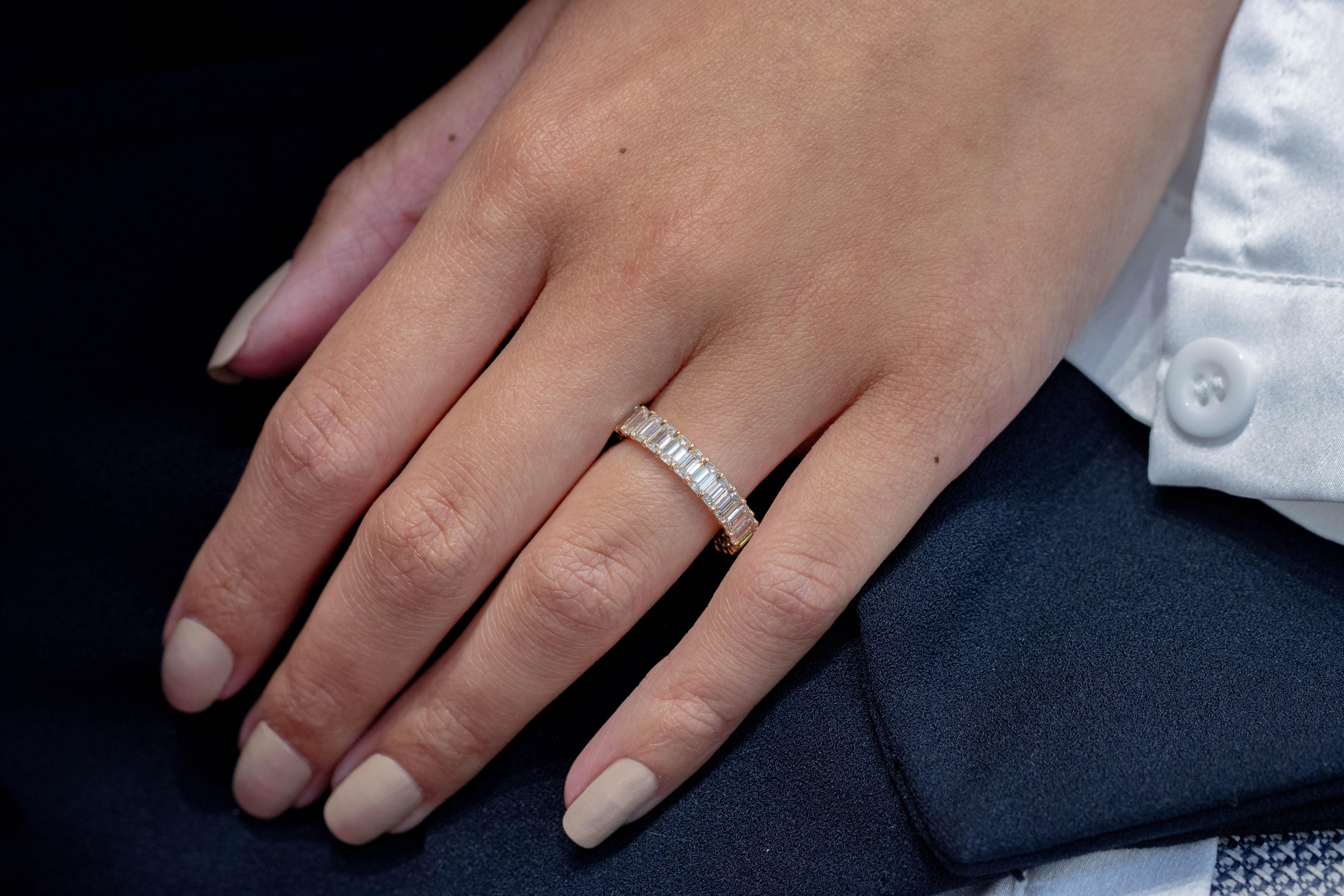 Contemporary Roman Malakov 4.12 Carat Total Emerald Cut Diamond Eternity Wedding Band Ring For Sale