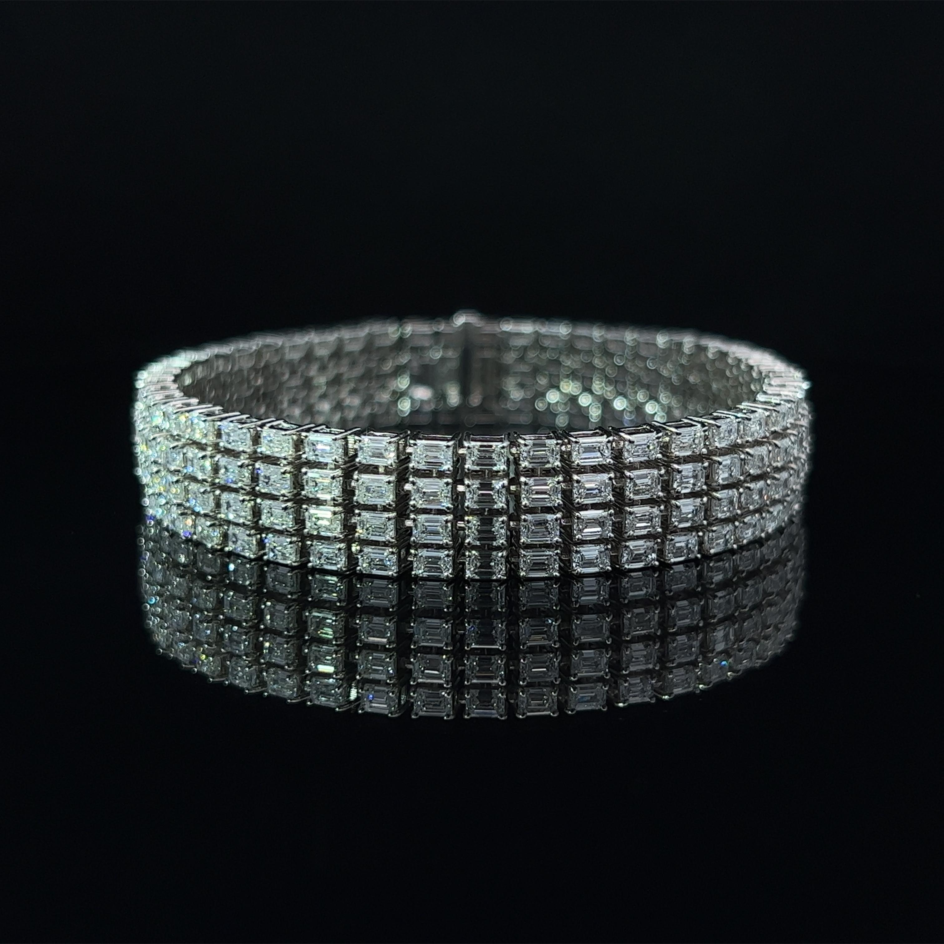 Modern Emerald Cut Diamond Four Line Bracelet in 18KW ( 15.35ct VVS) by Arnav For Sale