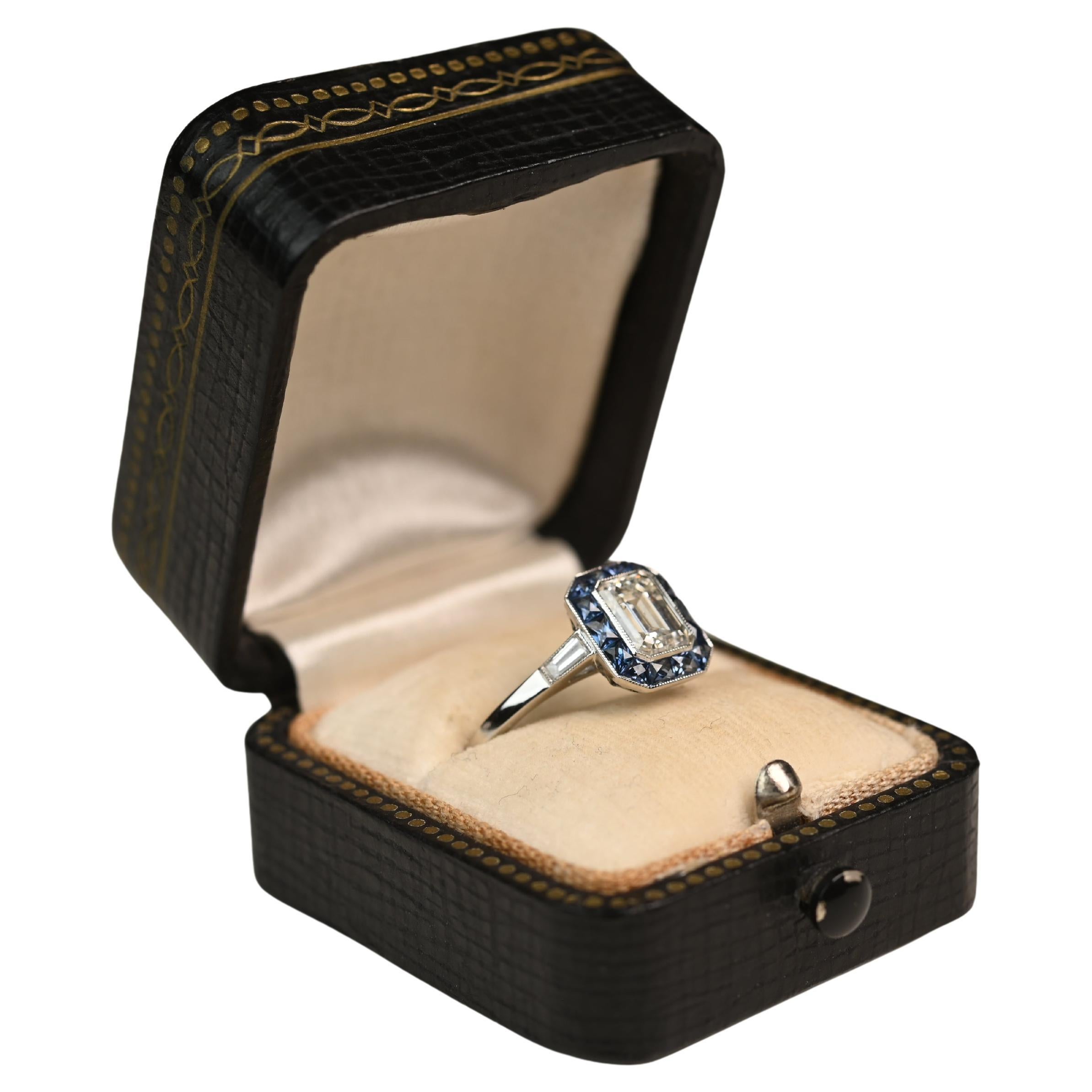 Diamond Sapphire Ring. GIA 1ct Emerald Cut Diamond Halo Engagement Ring Platinum