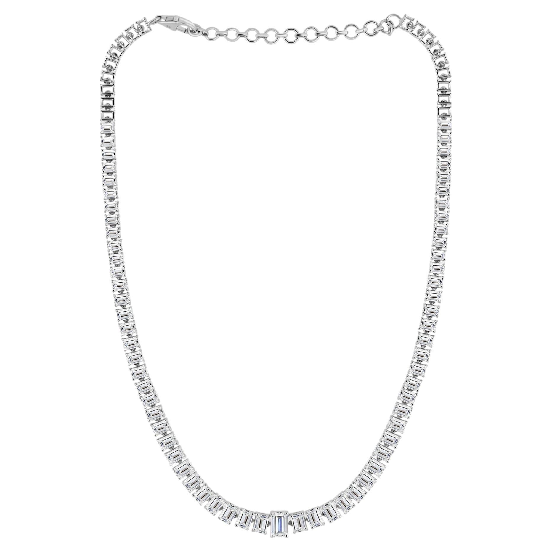 Emerald Cut Diamond Graduated Handmade Tennis Necklace 18K White Gold Jewelry