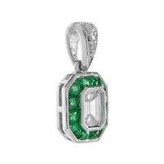 Emerald Cut Diamond & Green Emerald Halo 14K White Gold Pendant