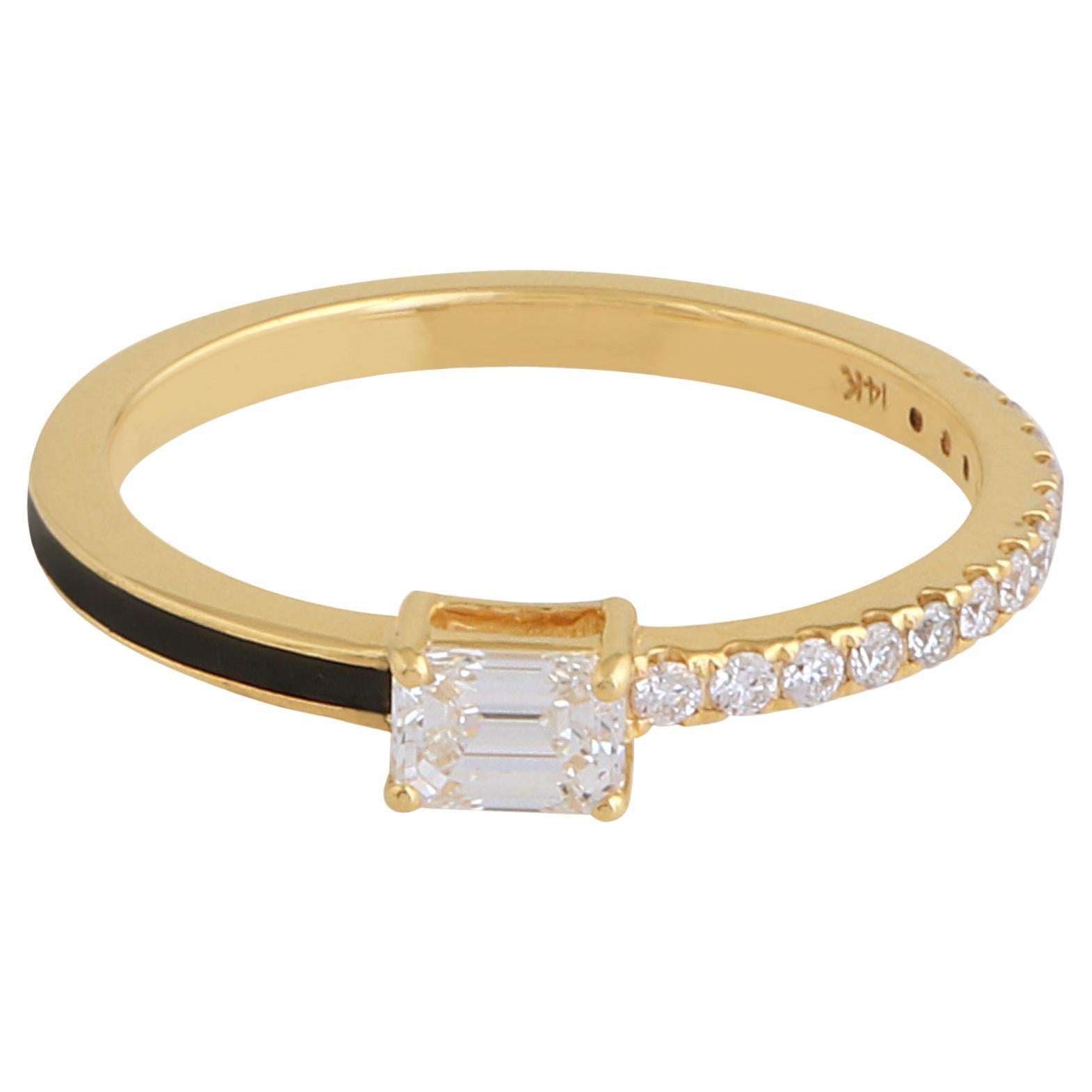 Halb-Eternity-Ring mit schwarzer Emaille und Diamant im Smaragdschliff aus 14 Karat Gelbgold im Angebot