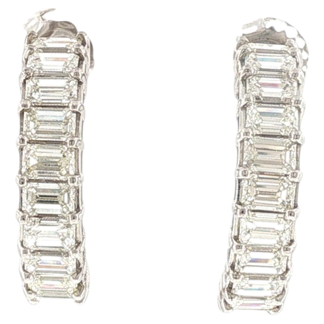 Emerald Cut Diamond Half Hoop 18 Karat White Gold Earrings Modern