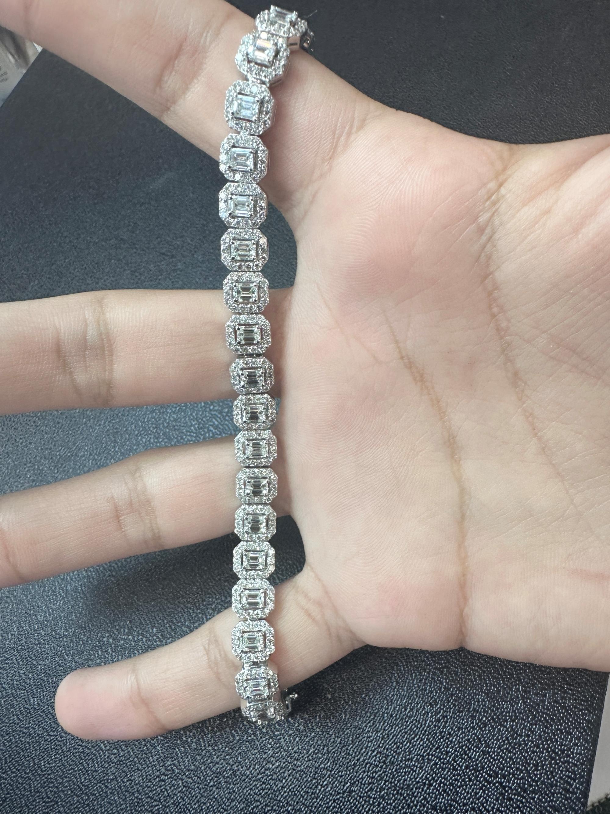 Women's or Men's Emerald Cut Diamond Halo Bracelet in 14K White Gold, 8.35 Carats For Sale