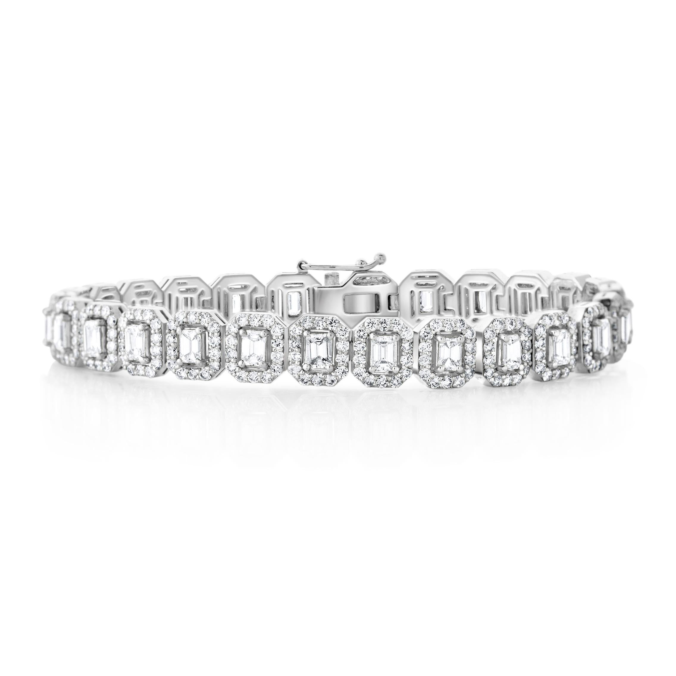 Emerald Cut Diamond Halo Bracelet in 14K White Gold, 8.35 Carats For Sale 1