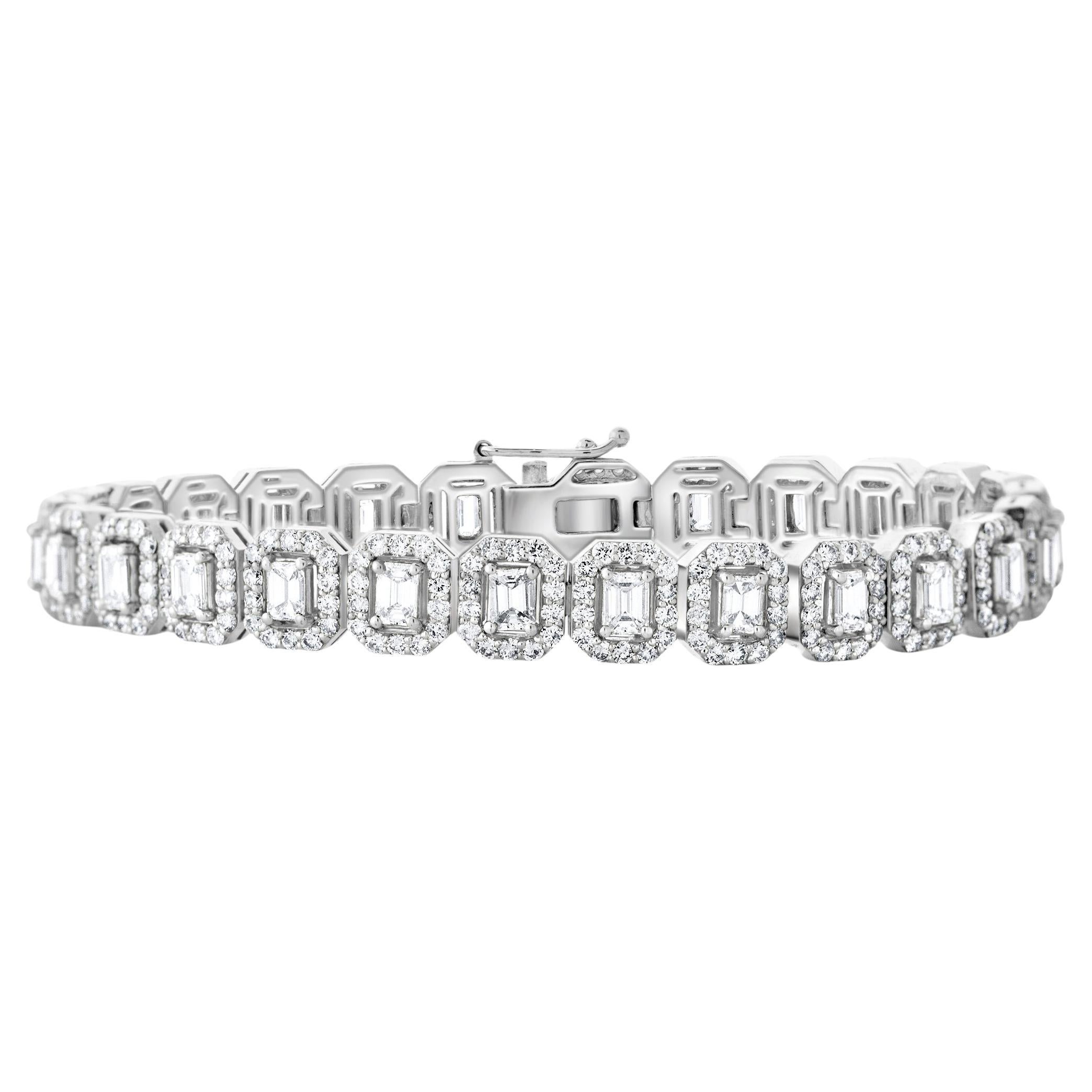 Emerald Cut Diamond Halo Bracelet in 14K White Gold, 8.35 Carats For Sale