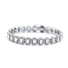 Emerald Cut Diamond Halo Bracelet in 14K White Gold, 8.35 Carats, NEW