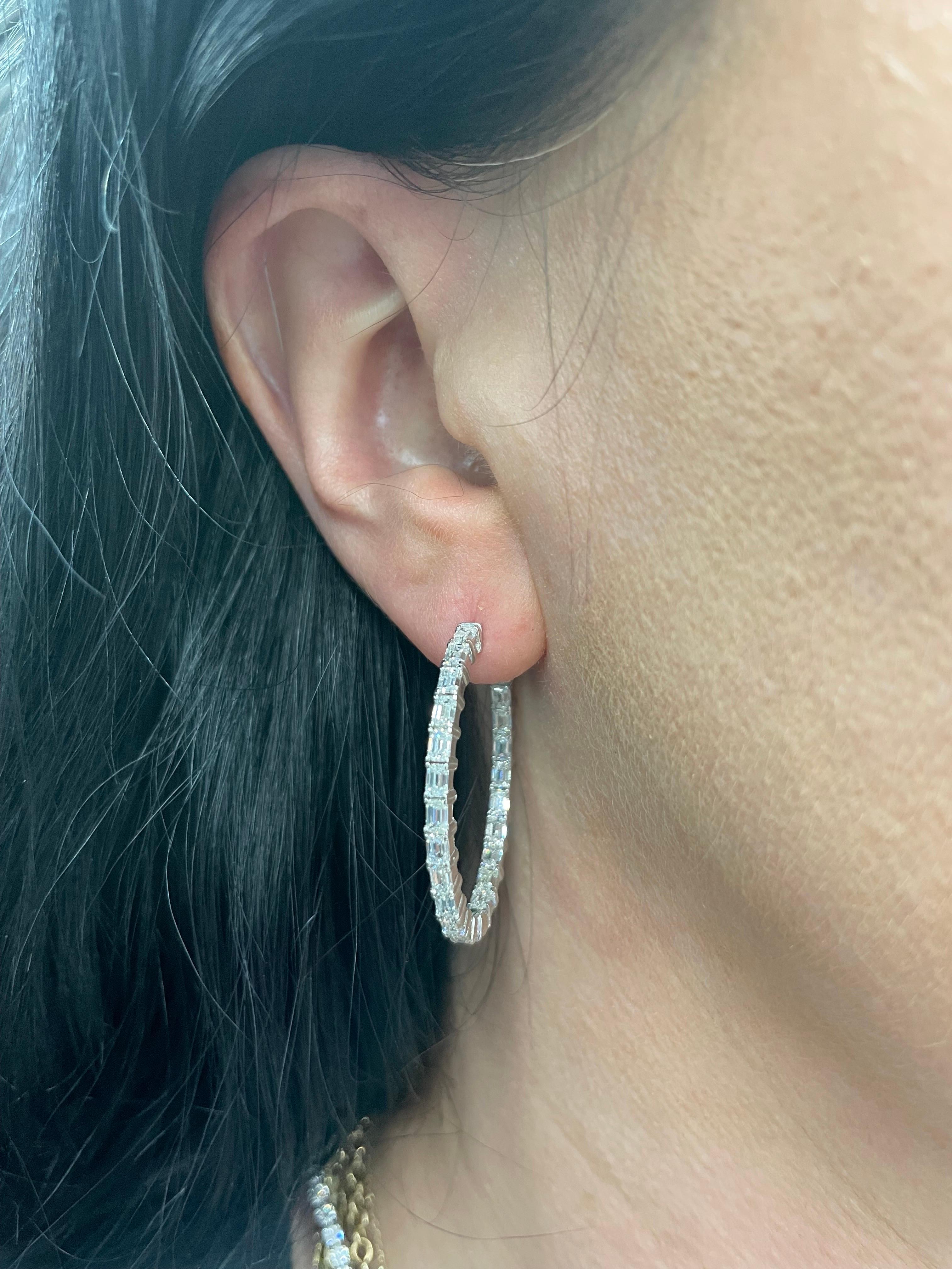 Women's or Men's Emerald Cut Diamond Hoop Inside Out Earrings 4.01 Carats G VVS2-VS2 14 Karat
