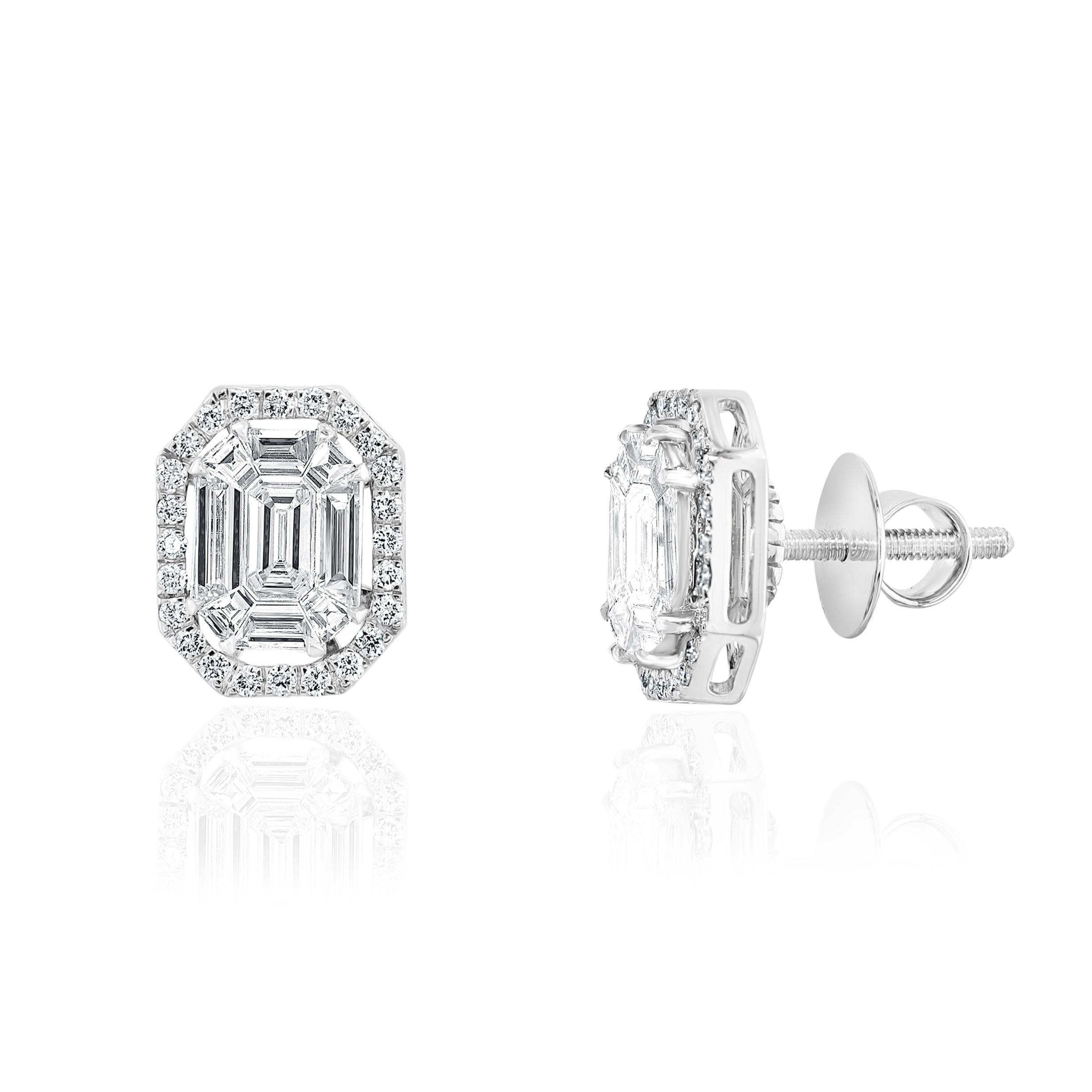 Diamants taille émeraude et taille baguette pesant 1.04 carats.
Diamants ronds pesant 0.30 Carats.

1.34 Carats au total
Serti en or blanc 18 carats.
