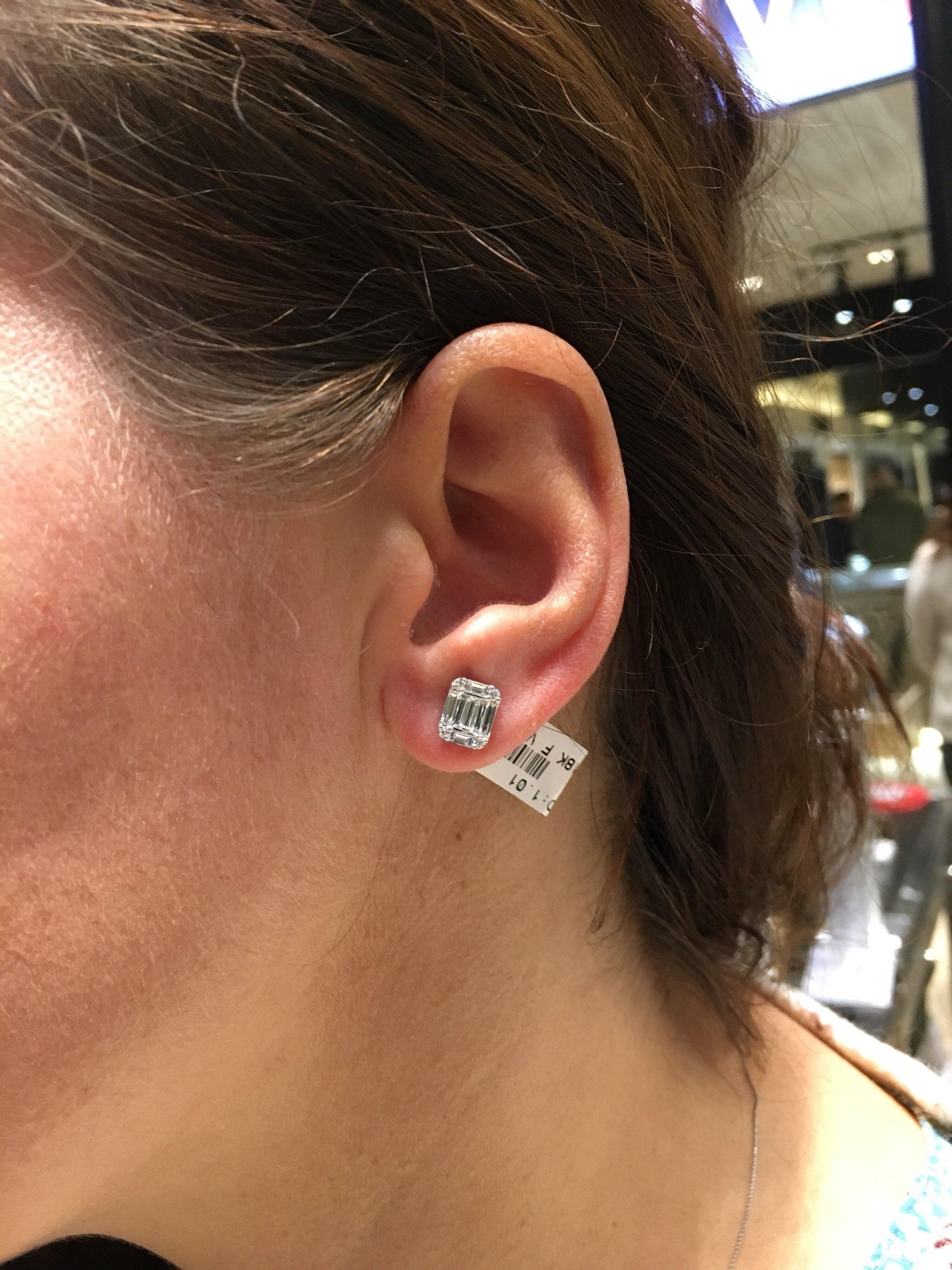 Emerald Cut Diamond Illusion Stud Earrings In New Condition In New York, NY