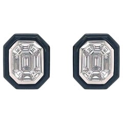 Emerald-Cut Diamond Mosaic Black Agate Stud Earrings