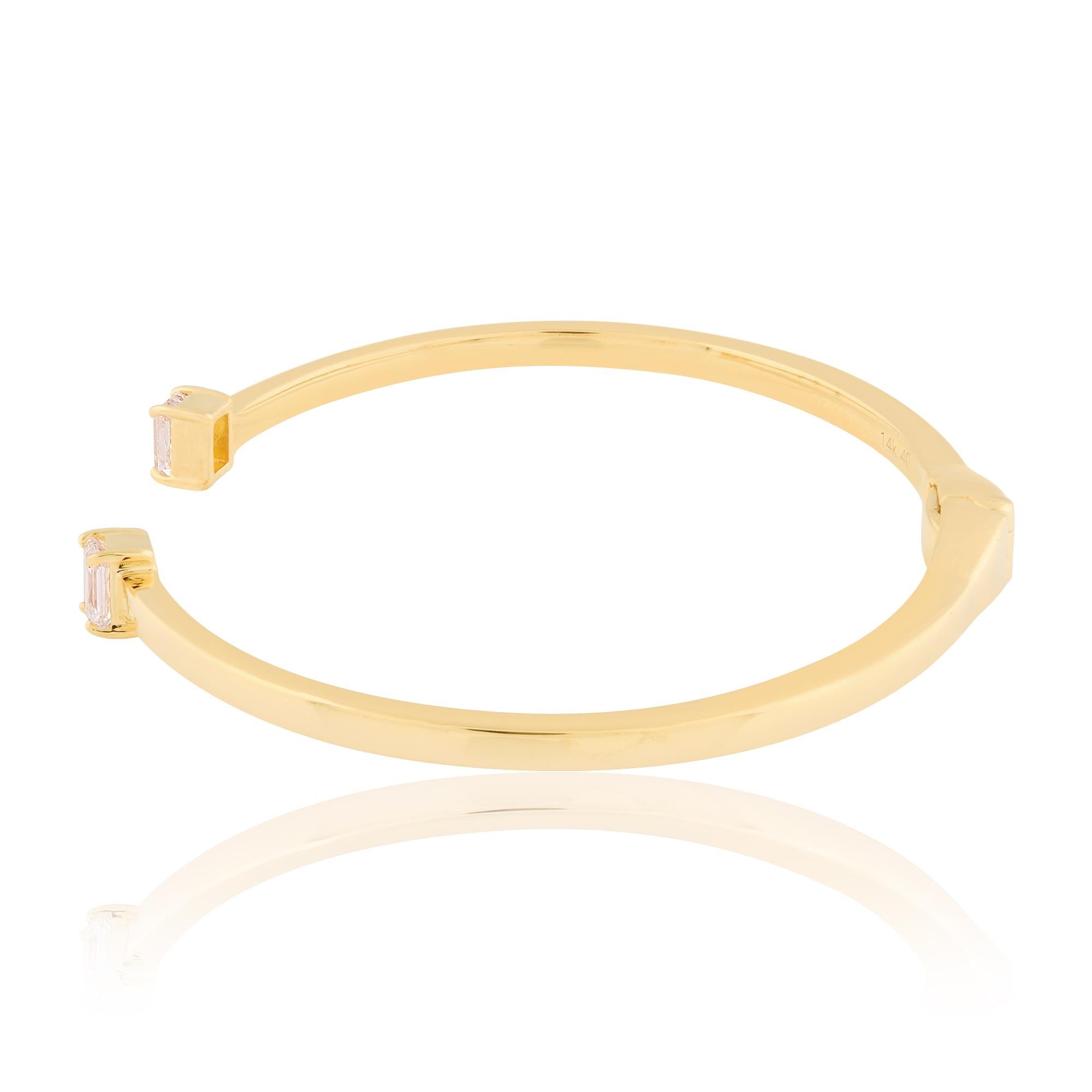 Modern Emerald Cut Diamond Open Cuff Bracelet 14 Karat Yellow Gold Handmade Jewelry For Sale